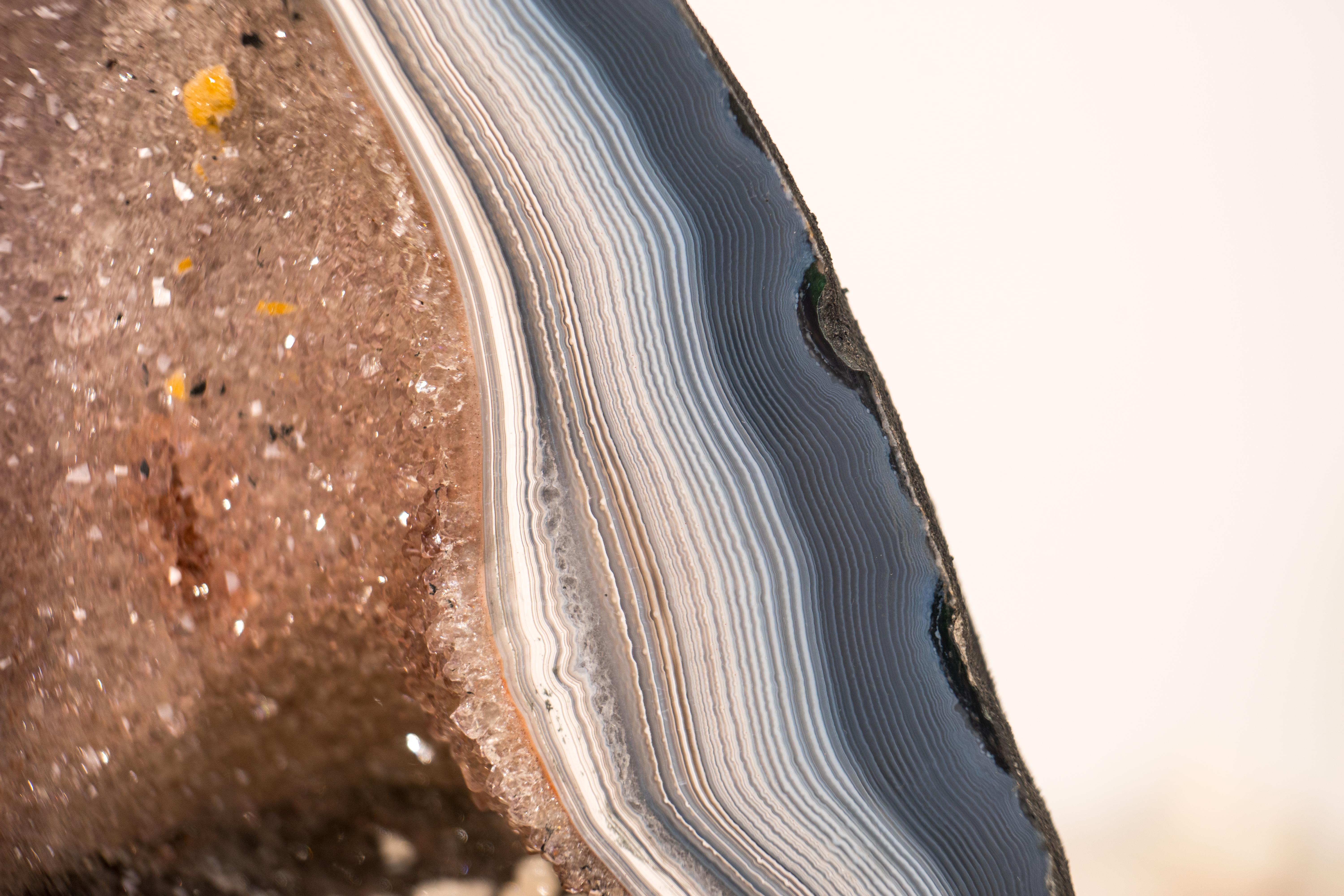 Crystal Rare Blue & White Lace Agate Geode with Delicate Striped Pattern & Galaxy Druzy For Sale
