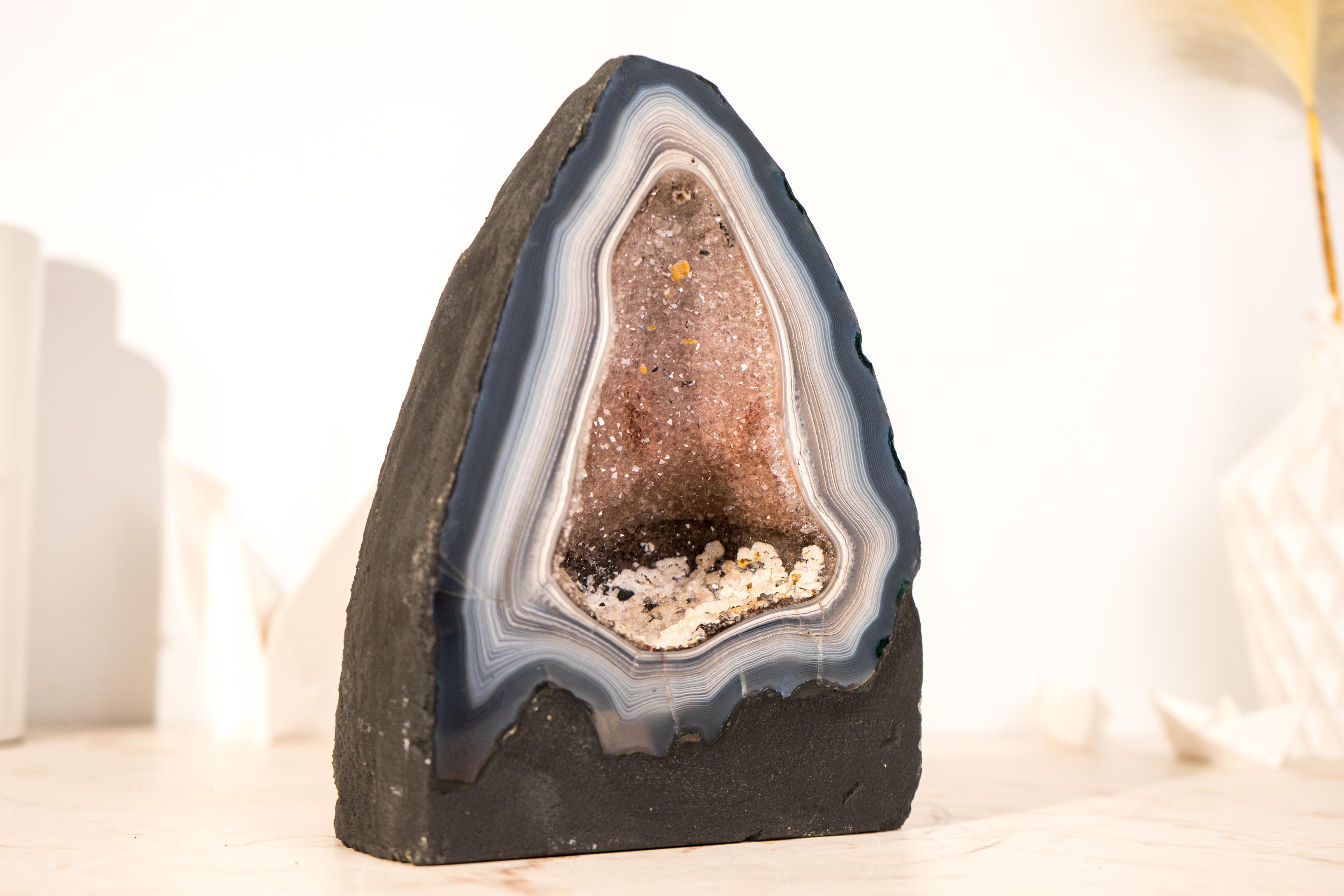 Rare Blue & White Lace Agate Geode with Delicate Striped Pattern & Galaxy Druzy For Sale 3