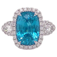 Rare Blue Zircon Ring, 8.01 Ct Blue Zircon with Diamond Halo, Blue Zircon Ring