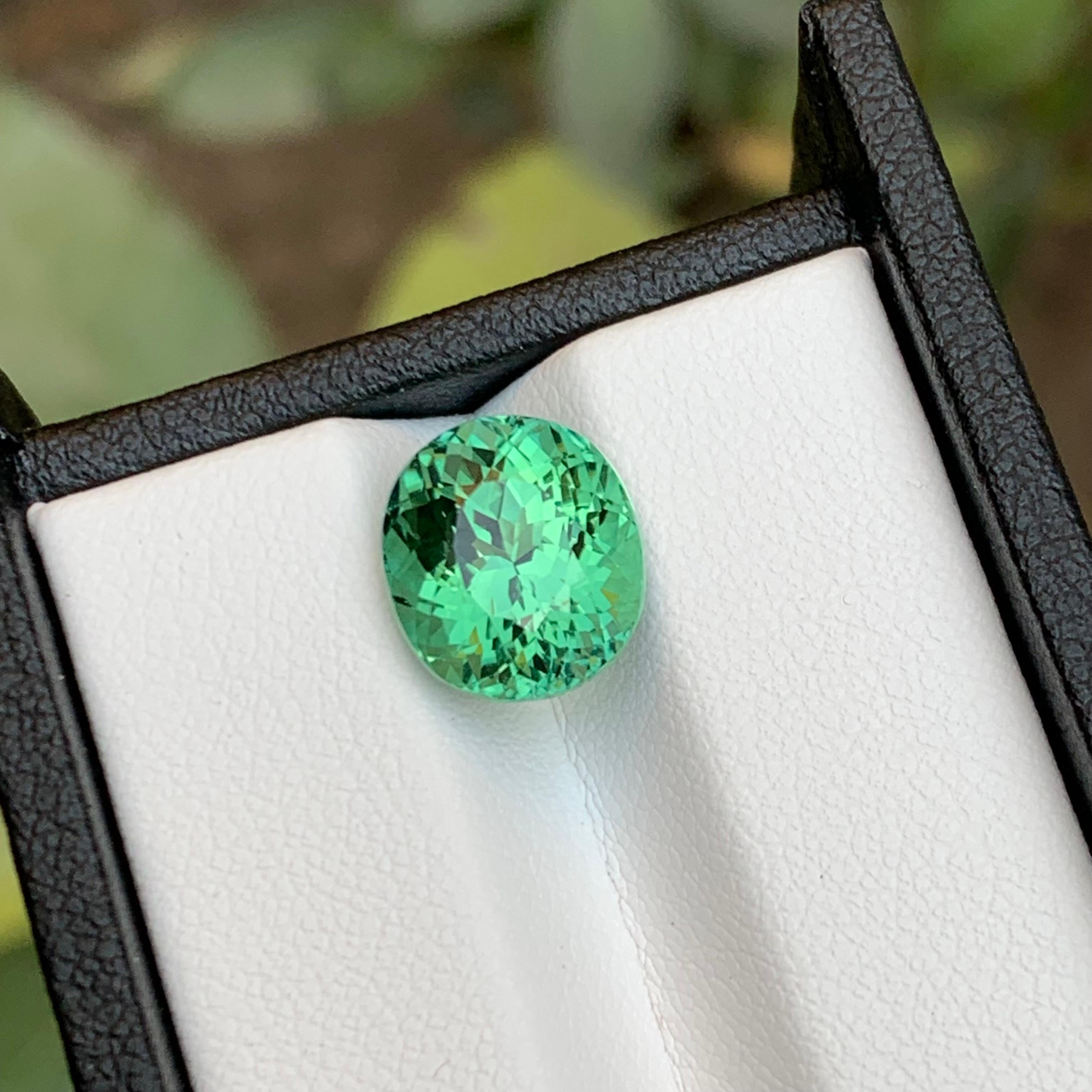 Voici notre extraordinaire tourmaline naturelle vert bleuté de 5,50 carats, taillée en coussin, en provenance d'Afghanistan. Cette pierre précieuse présente une clarté impressionnante, rehaussée par un excellent éclat, ce qui en fait un choix