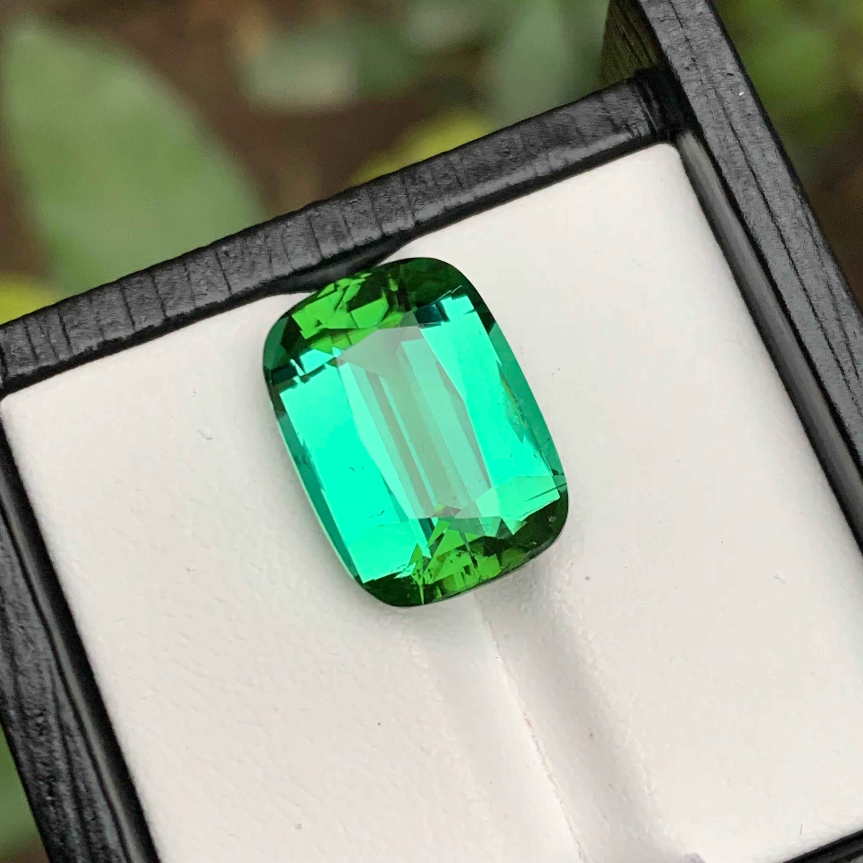 Date un capricho de lujo con esta sorprendente gema de Turmalina Natural verde azulada de talla cojín escalonada procedente de Kunar, Afganistán. Con un tamaño considerable y una belleza notable, esta gema presenta inclusiones menores, con una