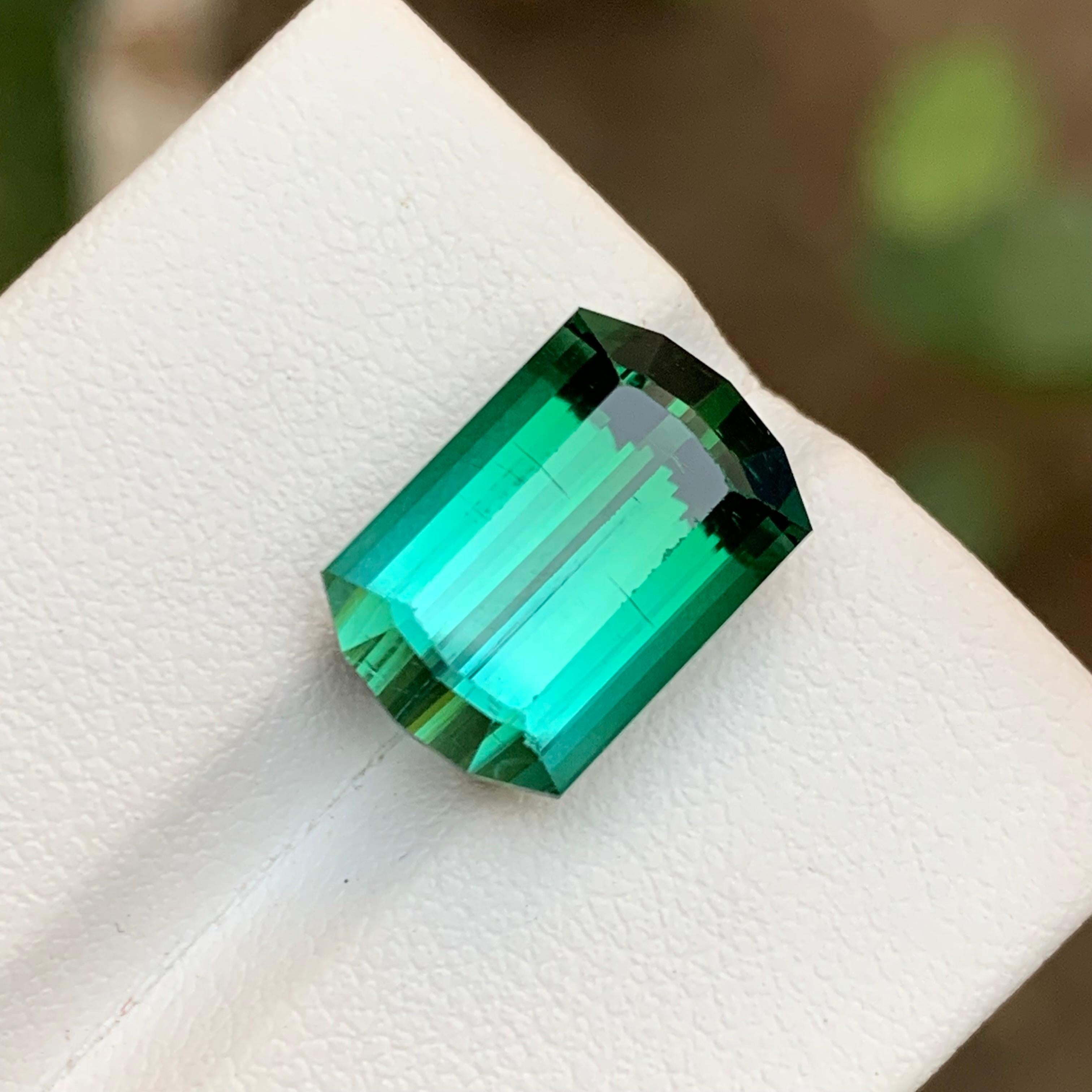 TYPE DE PIERRE GEMME : Tourmaline 
PIÈCE(S) : 1
Poids : 10 carats
FORME : Émeraude modifiée
Taille (MM) : 13,95 x 9,43 x 8,57
COULEUR : Vert fluo bleuté et vert riche
CLARTÉ : Environ 95 % de clarté pour les yeux
TRAITEMENT : Aucun
ORIGINE : Kunar,