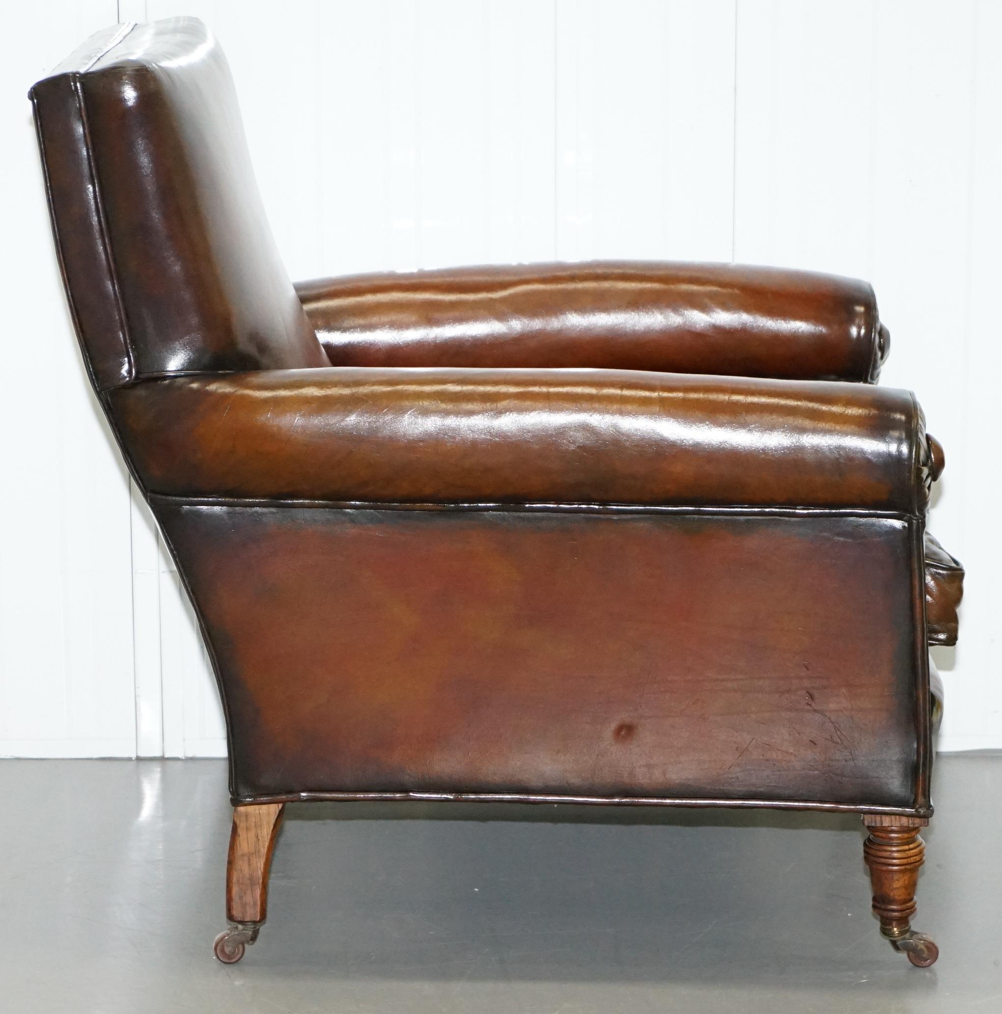 Rare Bluster Arm Hand Dyed Brown Leather Maple & Co. Victorian Club Armchair 8