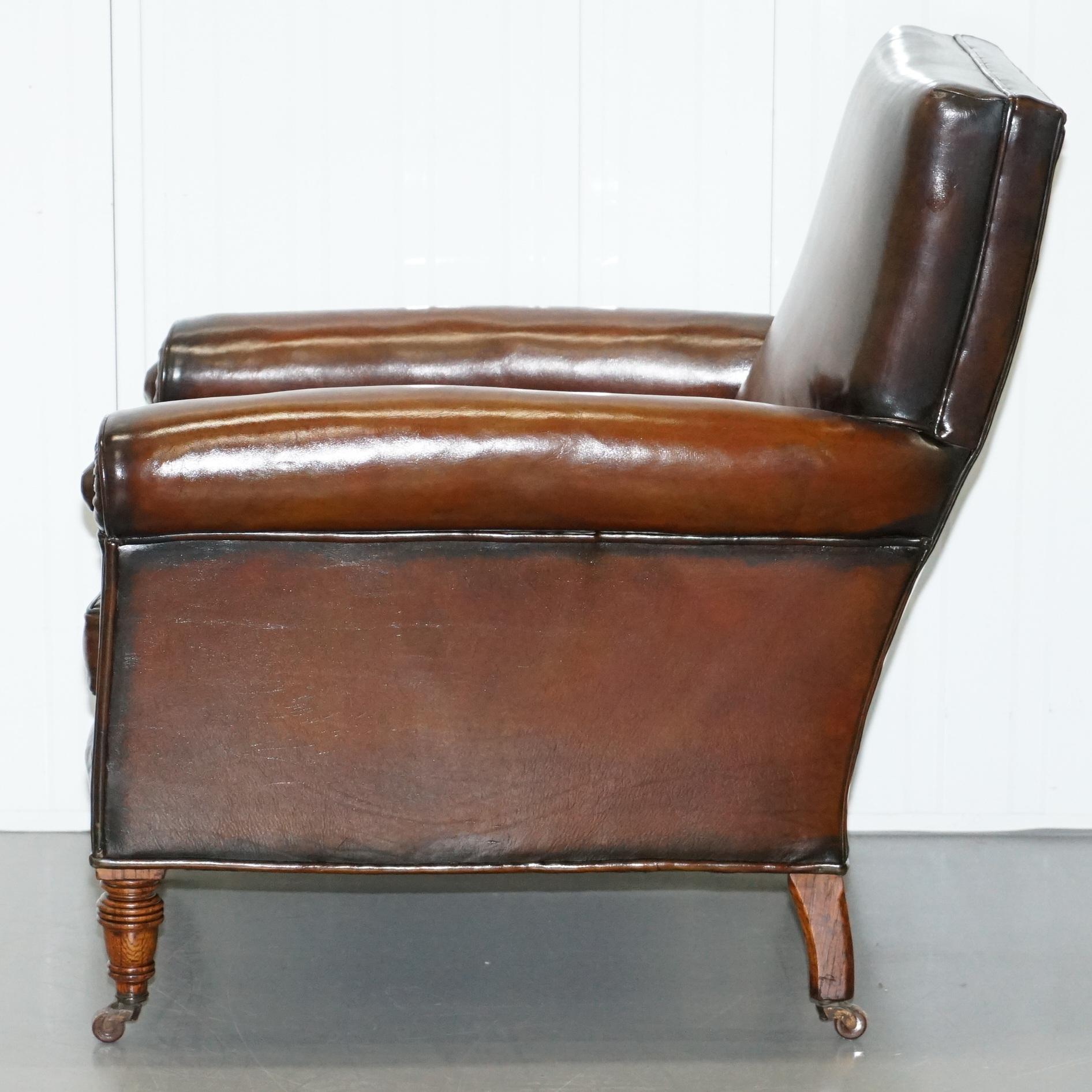 Rare Bluster Arm Hand Dyed Brown Leather Maple & Co. Victorian Club Armchair 11