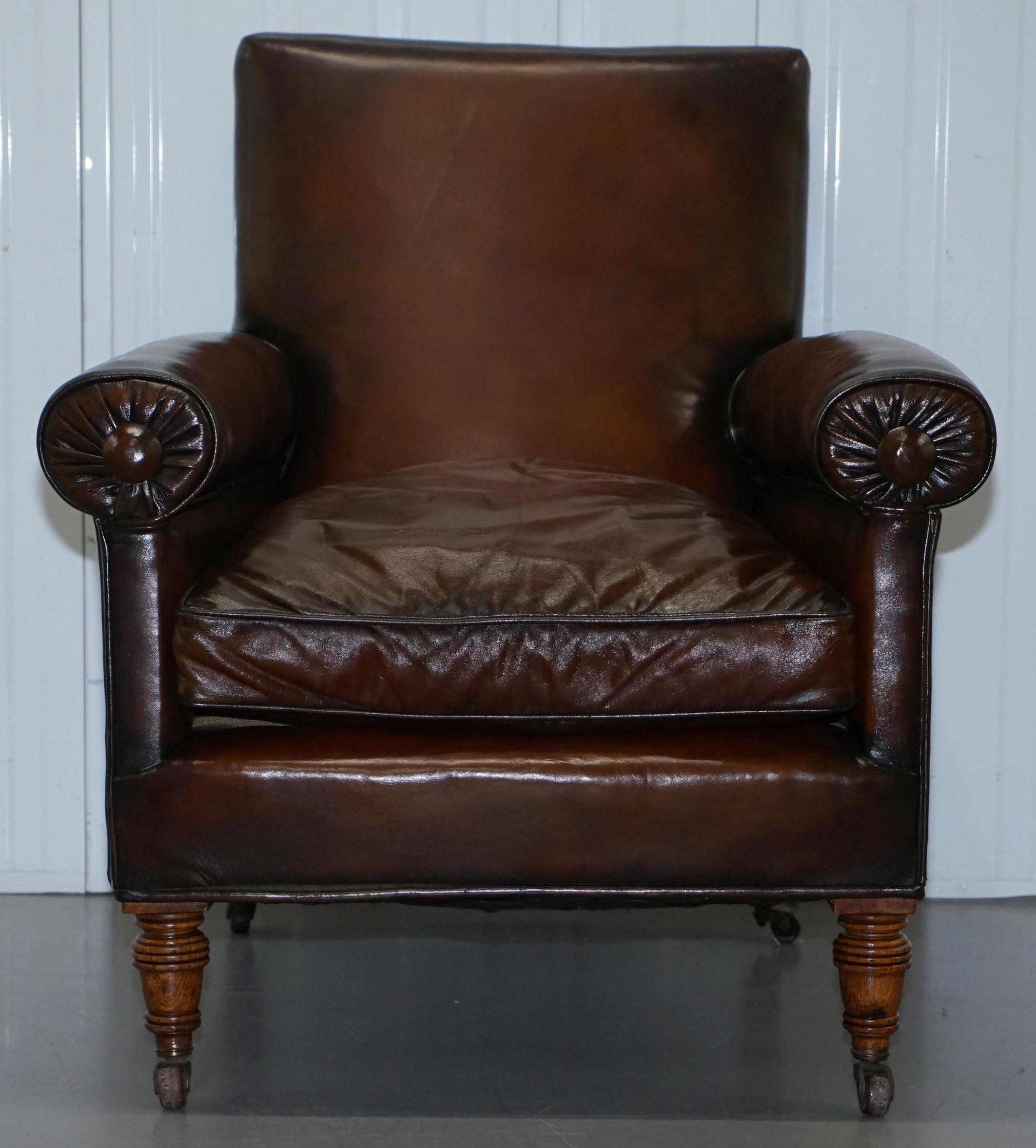We are delighted to offer for sale this absolutely stunning original Bluster arm Maple & Co. fully restored deep tobacco brown leather club armchair

A very good looking and well made piece, its rare to find bluster armchairs, they are usually on