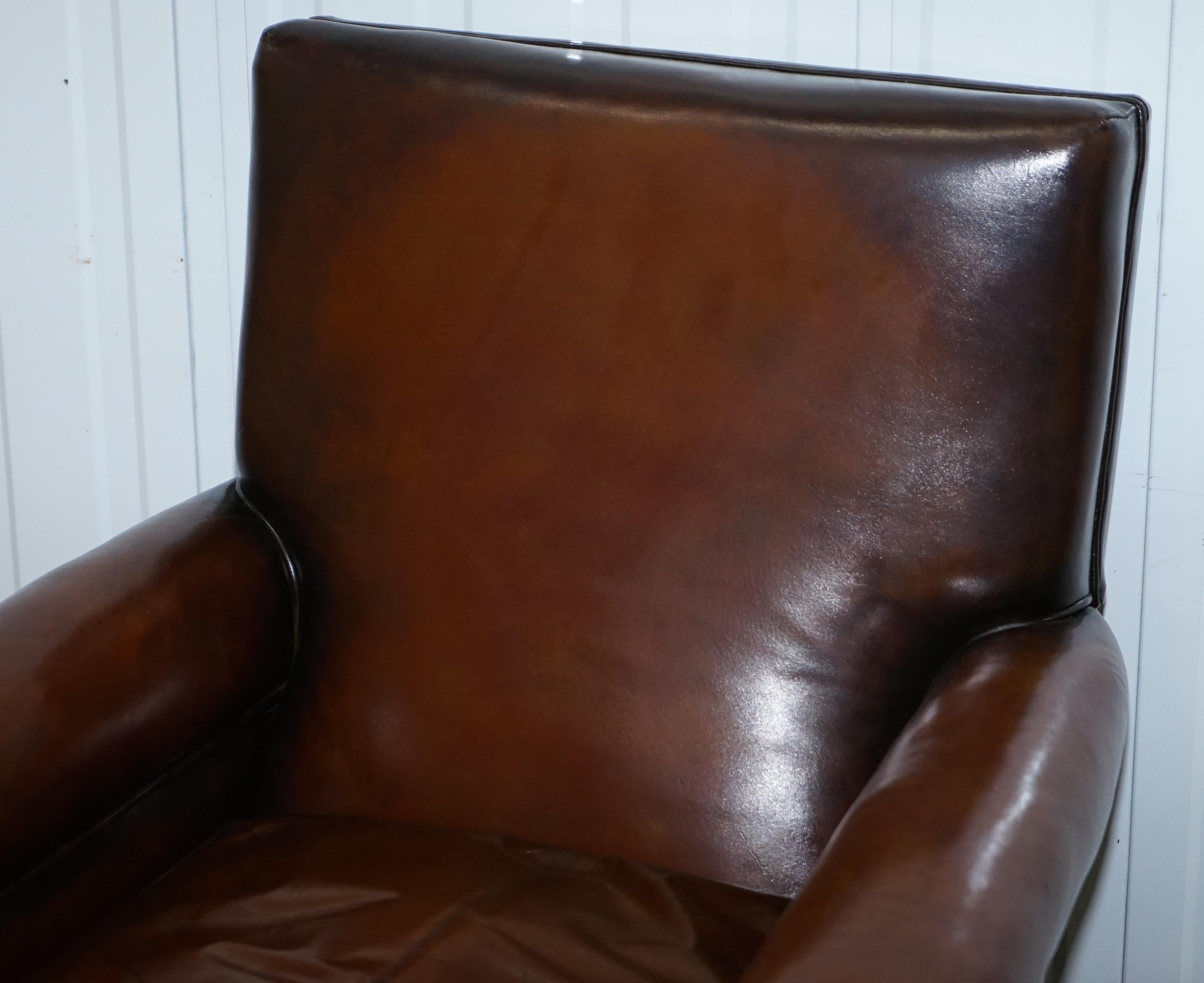 English Rare Bluster Arm Hand Dyed Brown Leather Maple & Co. Victorian Club Armchair