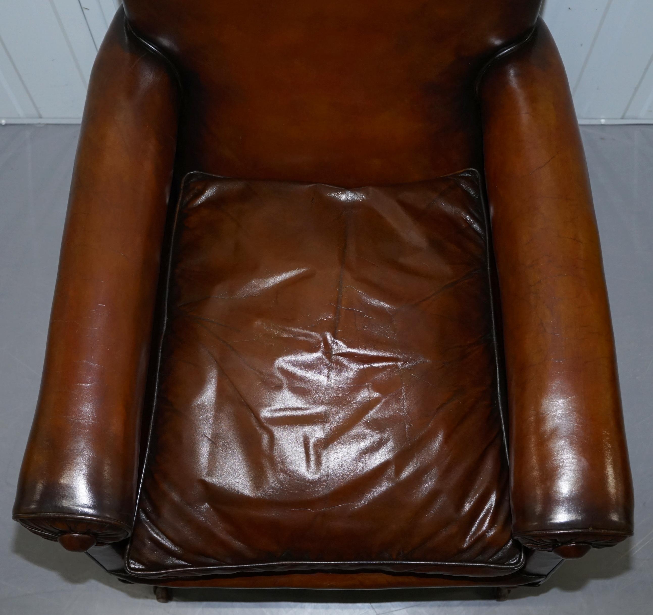 Hand-Crafted Rare Bluster Arm Hand Dyed Brown Leather Maple & Co. Victorian Club Armchair