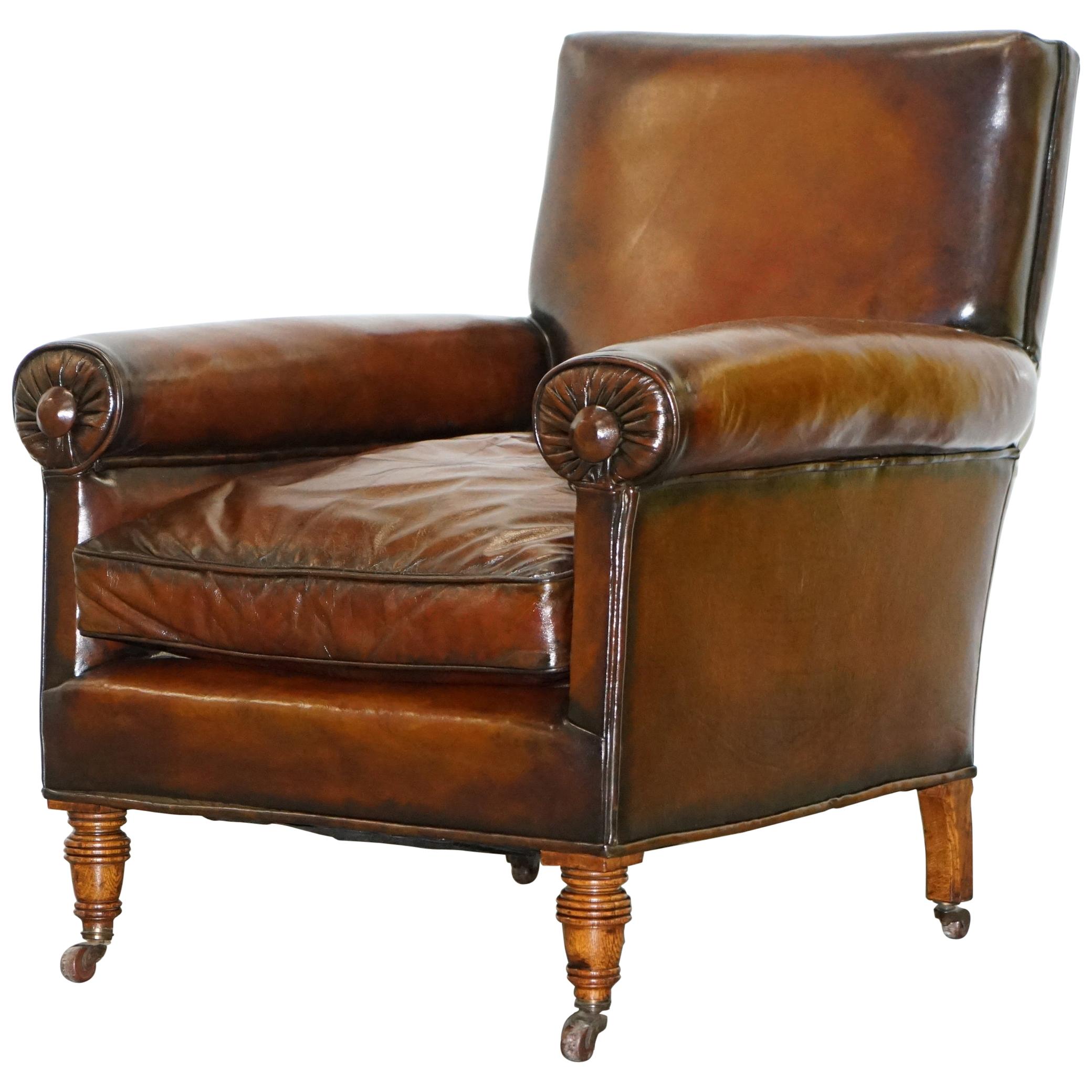 Rare Bluster Arm Hand Dyed Brown Leather Maple & Co. Victorian Club Armchair