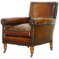 Antique Rare Bluster Arm Hand Dyed Brown Leather Maple & Co. Victorian Club Armchair