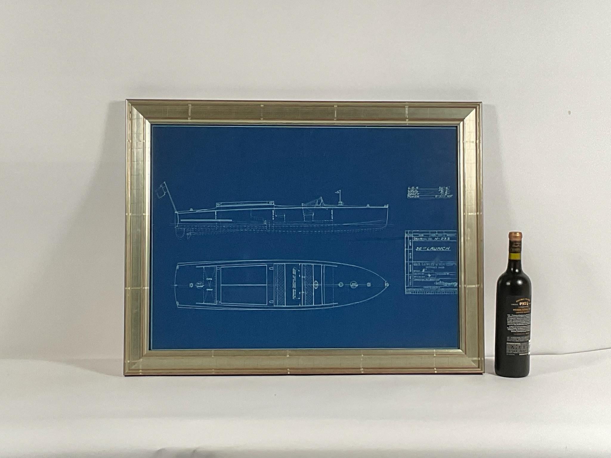 George Lawley blueprint of a thirty six foot launch. The legend shows drawing H-233, 36 ft. launch, one half inch to the foot. George Lawley and Son Corporation, Neponset Mass. Approved 23 September 1931. A Morrisey, Chief Draftsman. L.O.A. 36' 6
