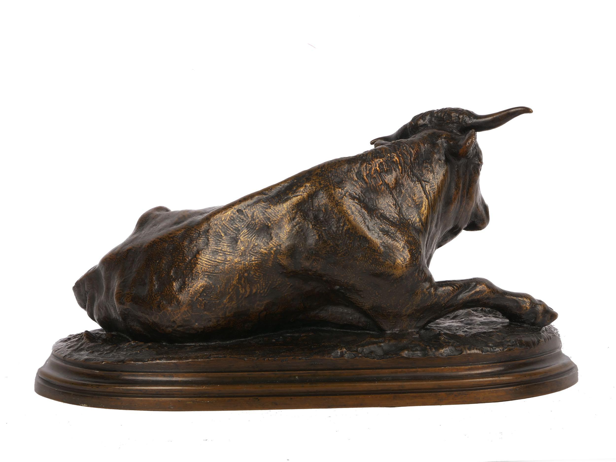 “BOEUF COUCHE” patinated bronze sculpture by Rosa Bonheur.
Signed in naturalist base 