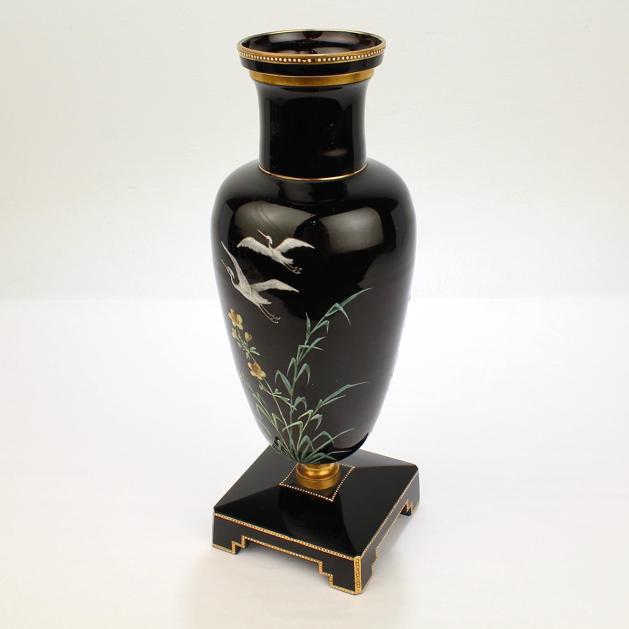 Victorian Rare Bohemian Enameled Black Amethyst Glass Vase Decorated with Herons, GL For Sale