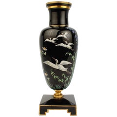 Rare Bohemian Enameled Black Amethyst Glass Vase Decorated with Herons, GL