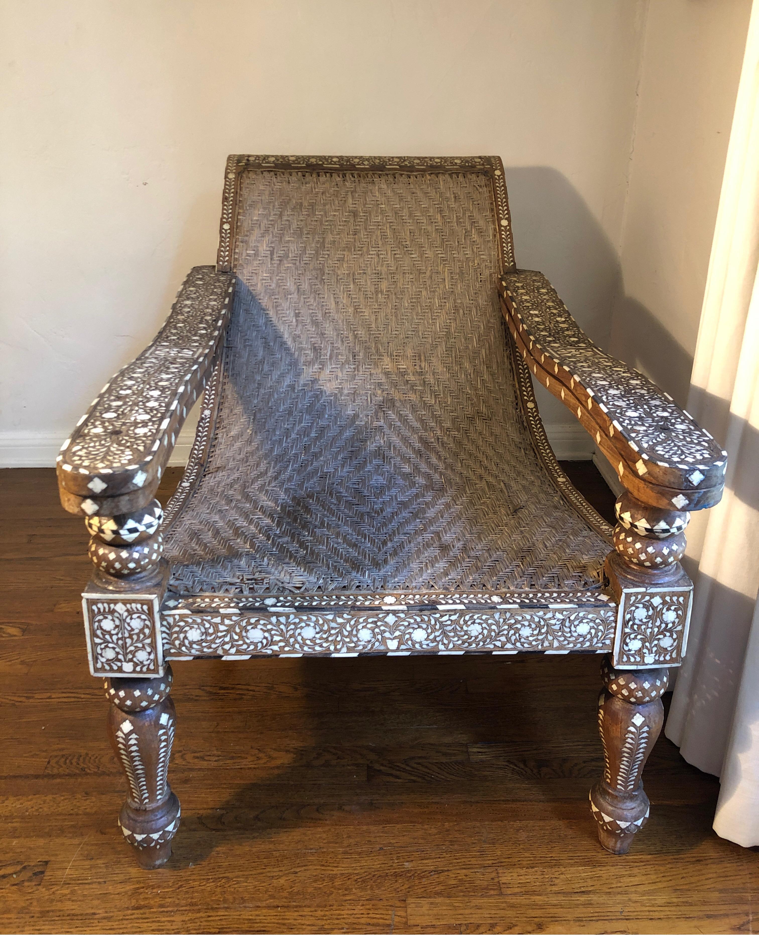 Rare Bone and Eboyn Inlaid Plantation Cane Chair, Anglo-Indian 8