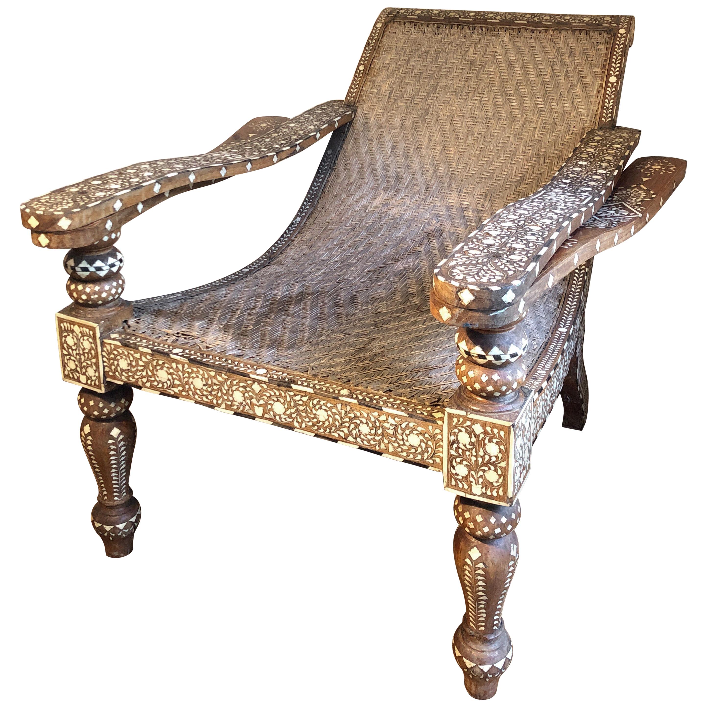 Rare Bone and Eboyn Inlaid Plantation Cane Chair, Anglo-Indian