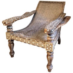 Rare Bone and Eboyn Inlaid Plantation Cane Chair, Anglo-Indian