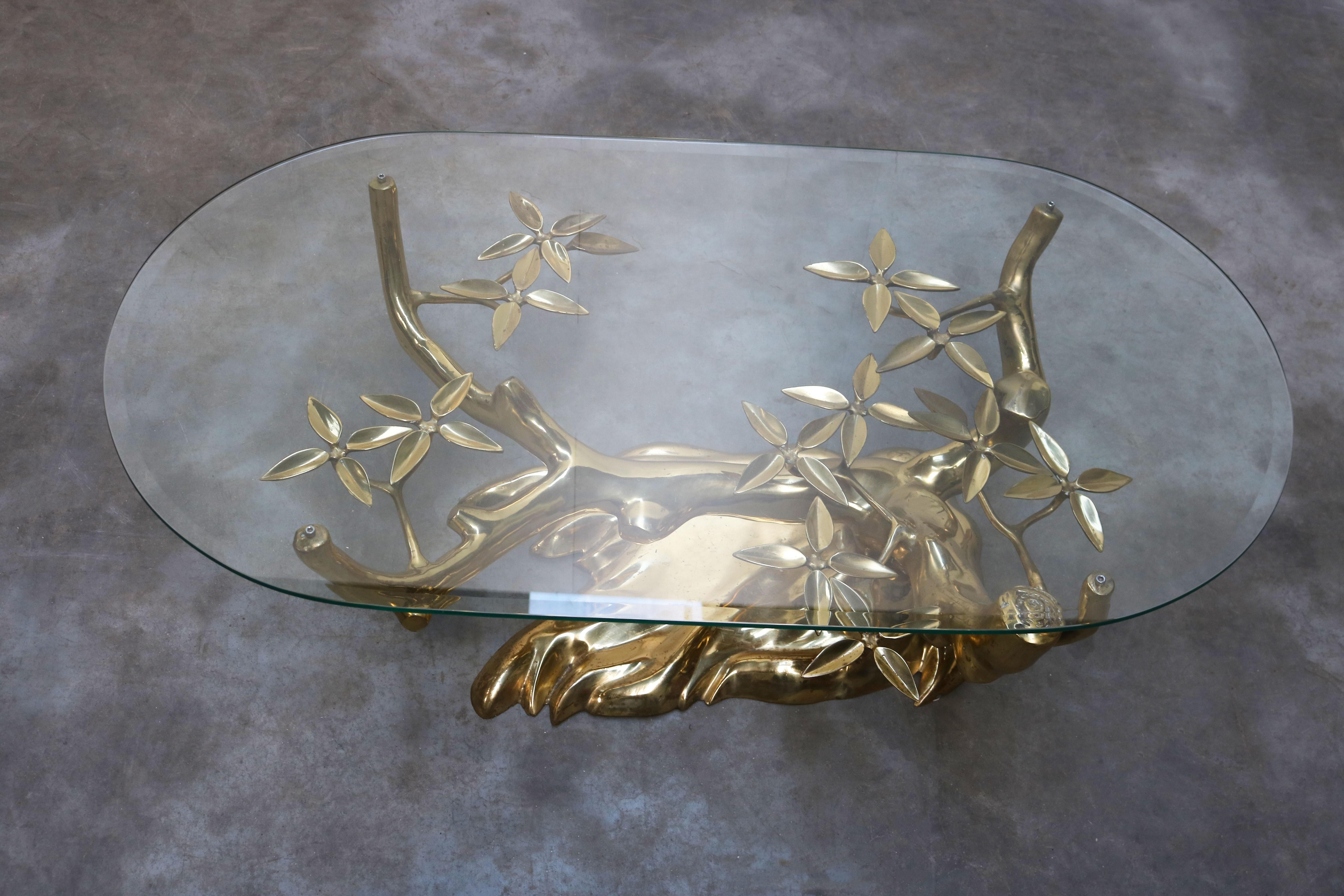 Rare ''Bonsai'' Coffee Table in Brass by Willy Daro 1970s Belgium, Glass, Gold 5