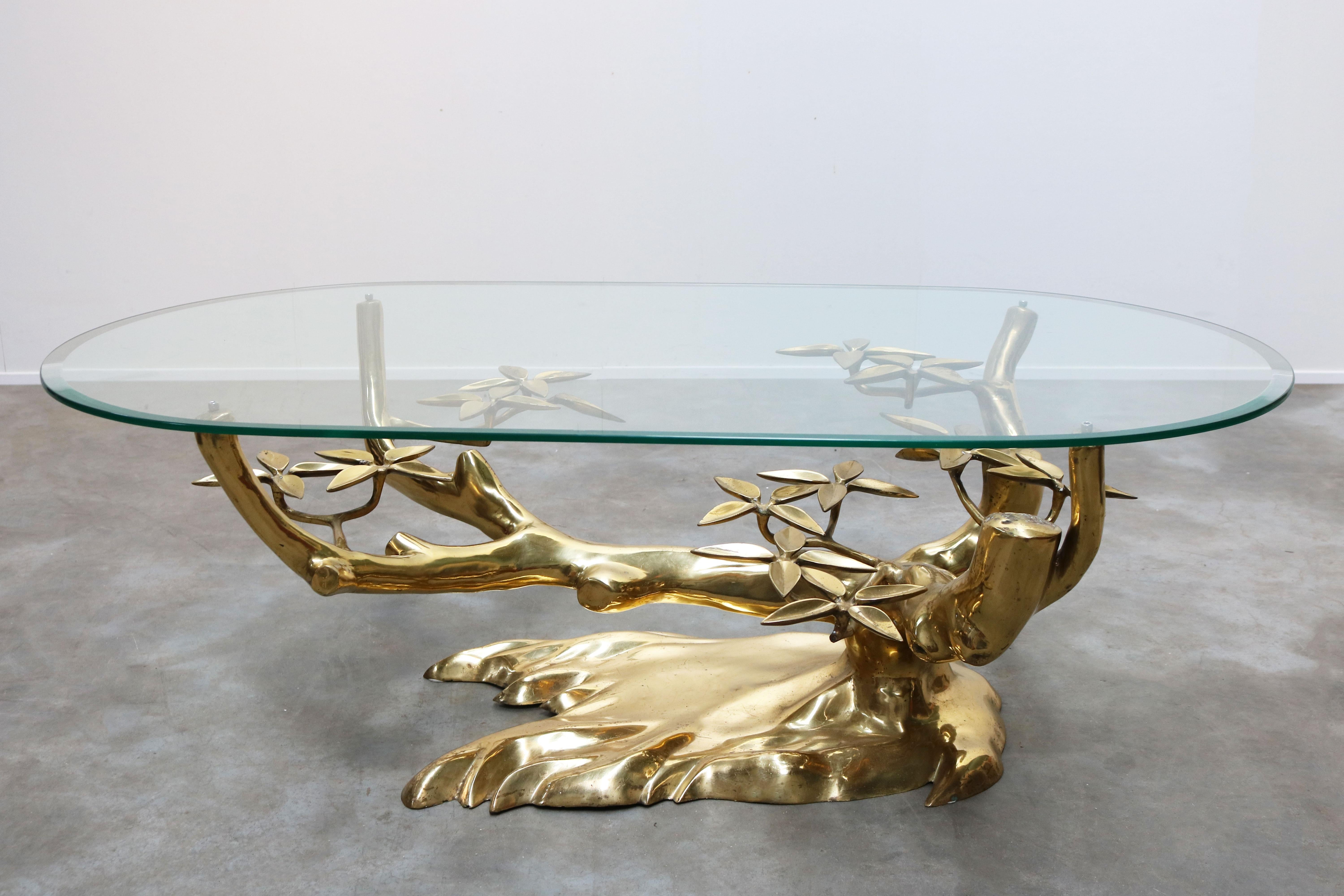 Belgian Rare ''Bonsai'' Coffee Table in Brass by Willy Daro 1970s Belgium, Glass, Gold