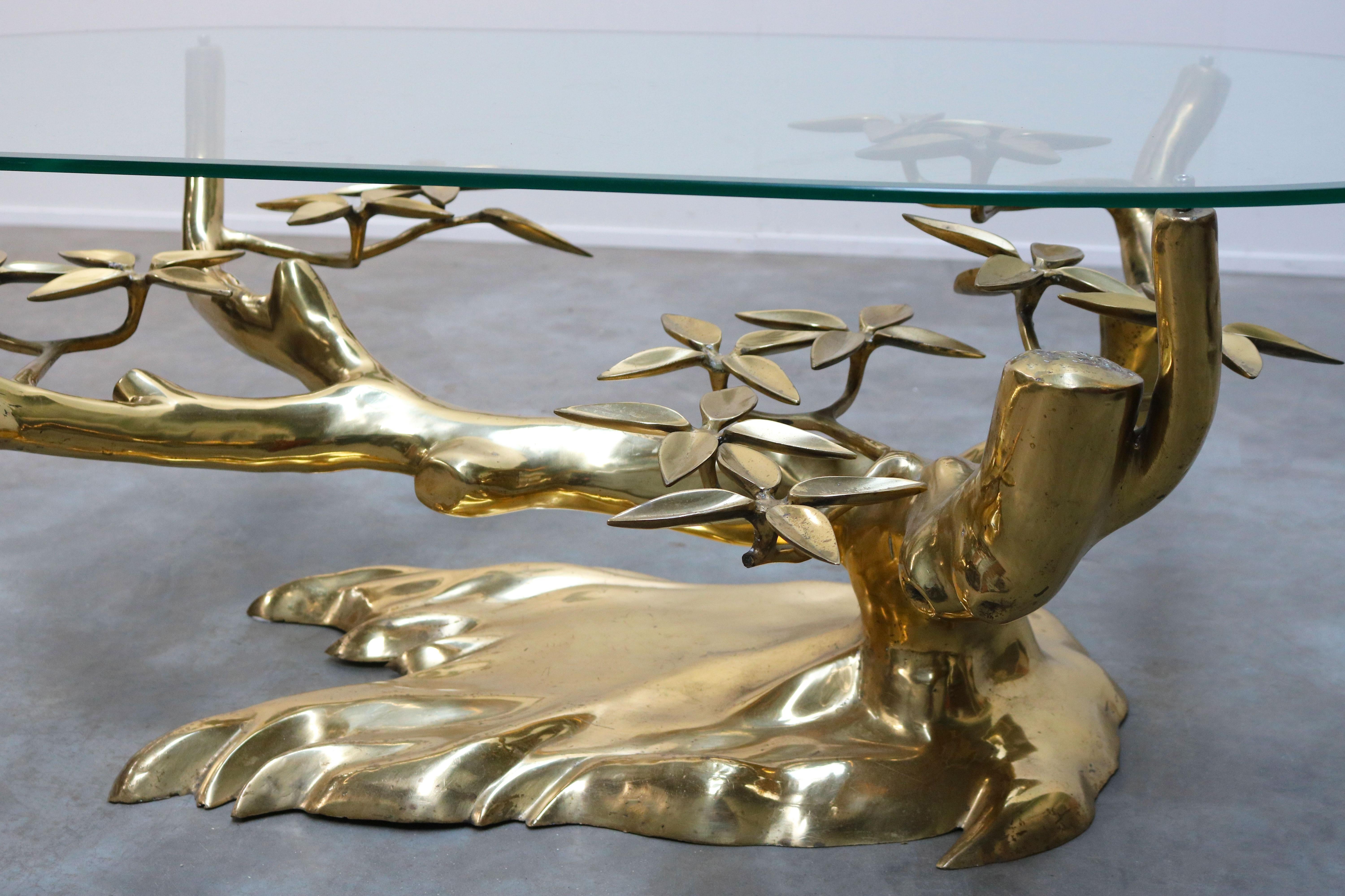 Rare ''Bonsai'' Coffee Table in Brass by Willy Daro 1970s Belgium, Glass, Gold 1