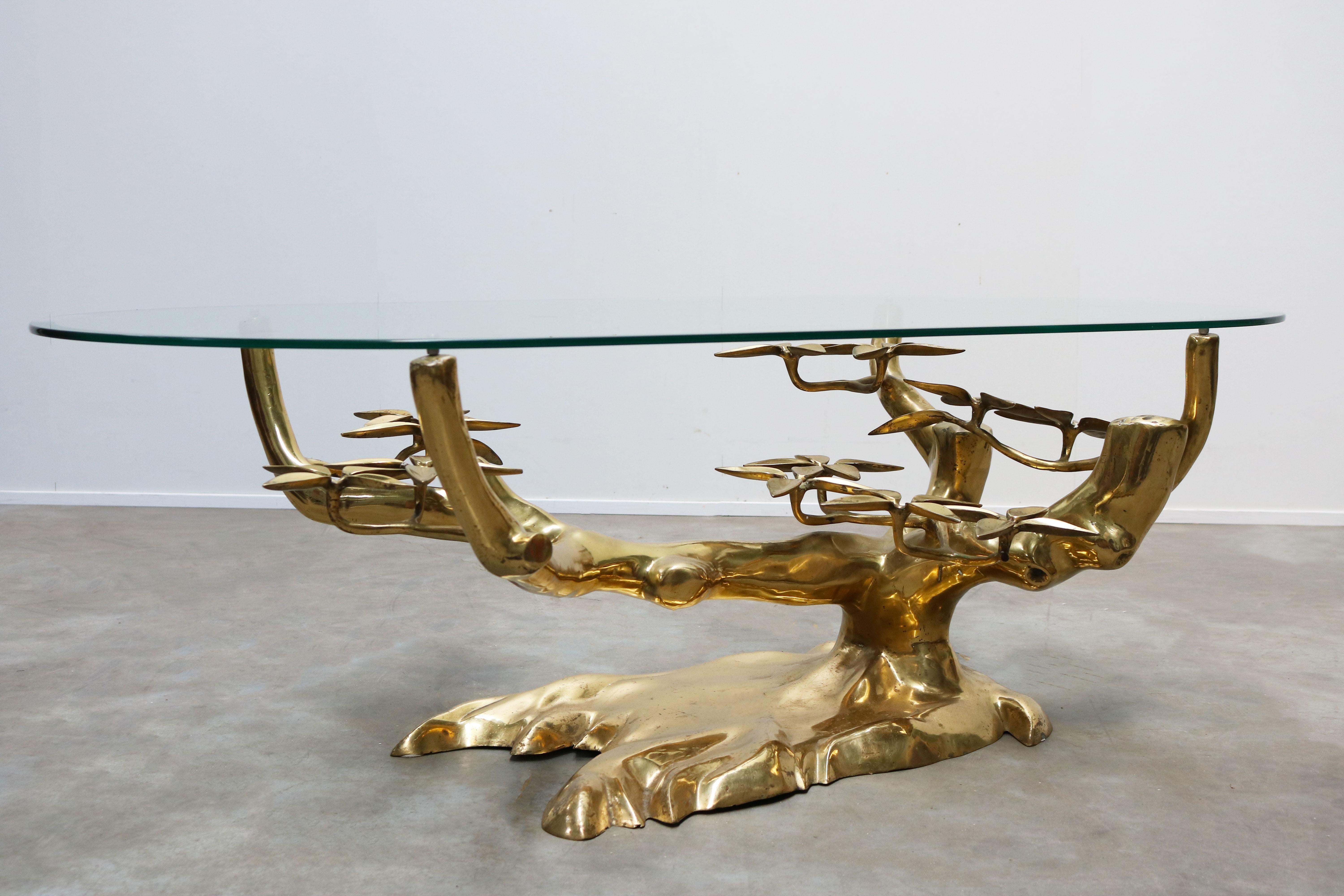 Rare ''Bonsai'' Coffee Table in Brass by Willy Daro 1970s Belgium, Glass, Gold 2