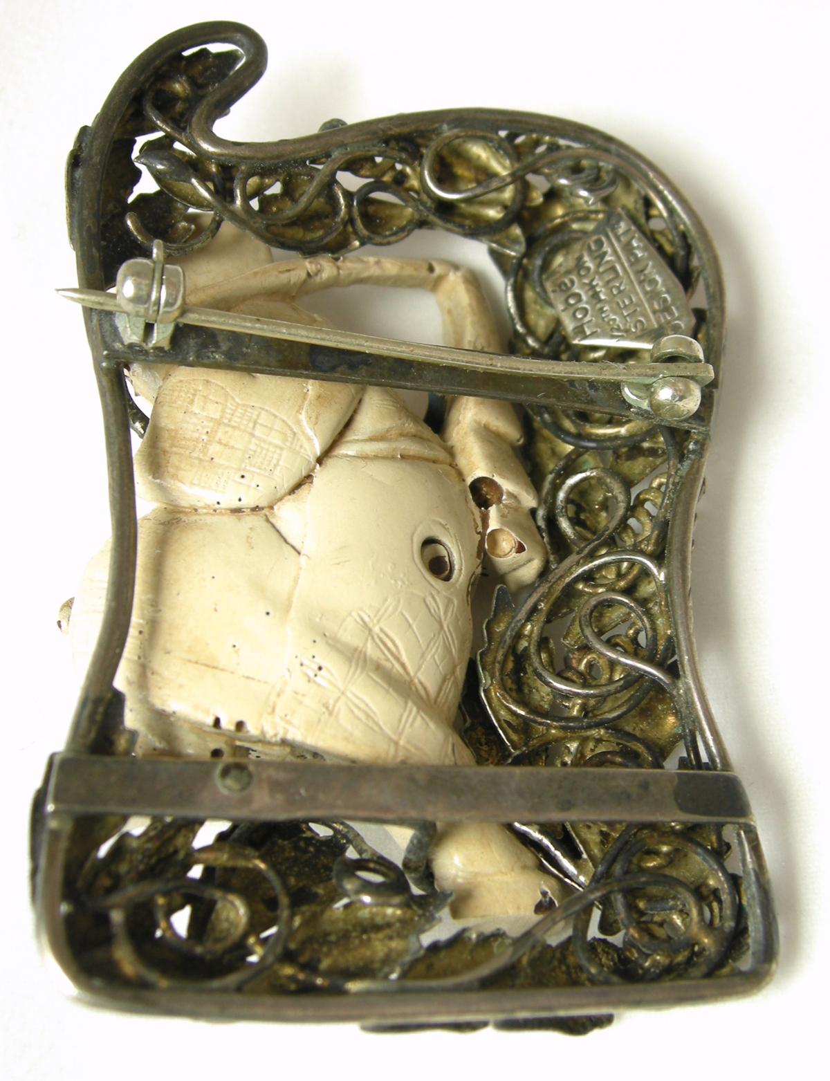 Rare Book Piece Vintage Signed Hobe Sterling Asian Theme Netsuke Pin In Good Condition For Sale In New York, NY