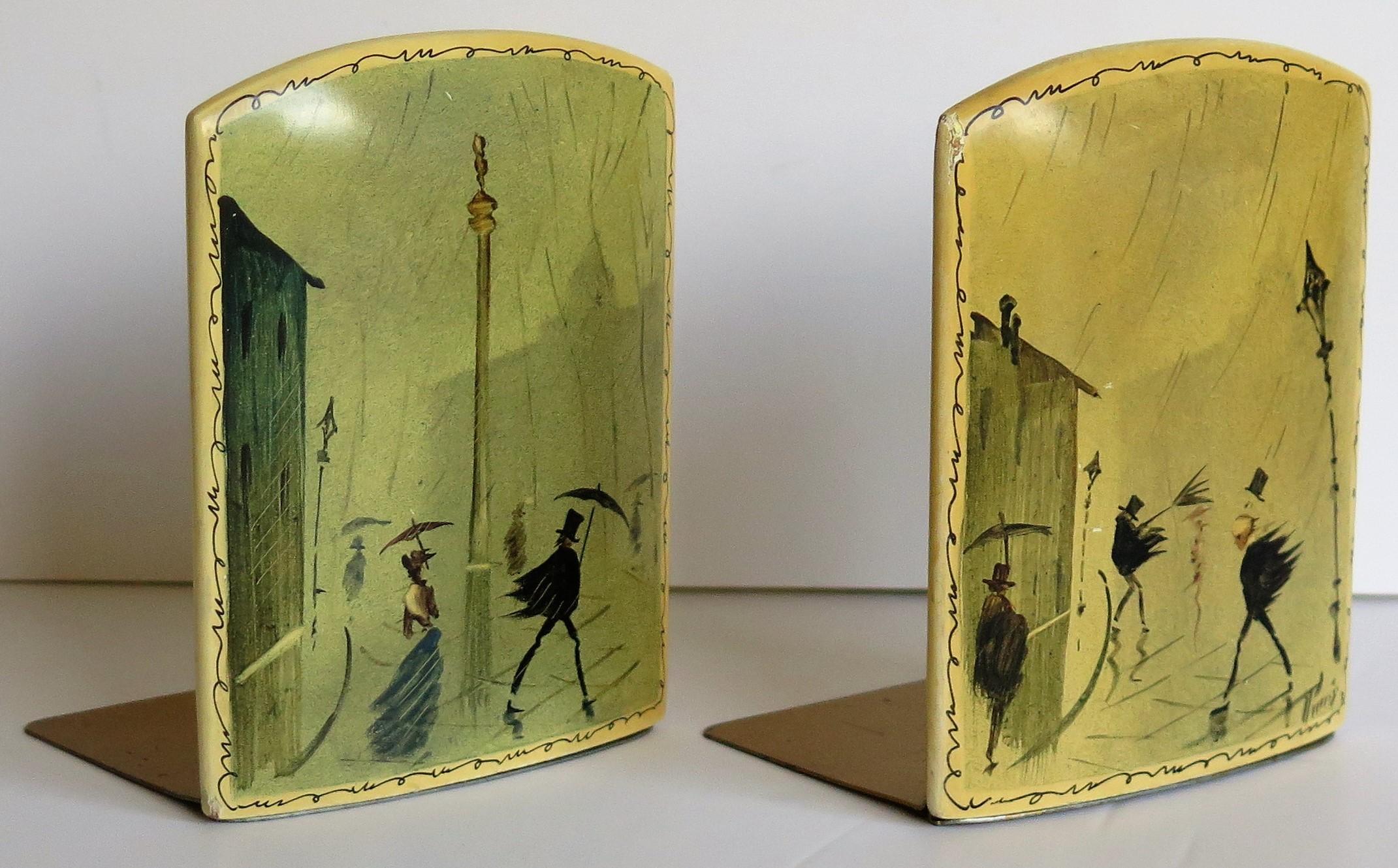 Rare Bookends Hand Painted Night & Day Street Scenes Signed, French circa 1890 In Good Condition In Lincoln, Lincolnshire