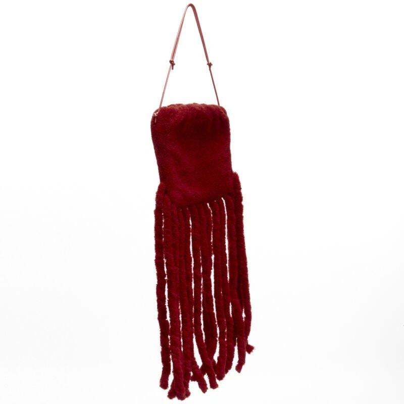 Red rare BOTTEGA VENETA Daniel Lee Runway red shearling fringe crossbody clutch For Sale