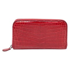 Rare BOTTEGA VENETA Exotic Crocodile Skin Red Zip Around Wallet Clutch