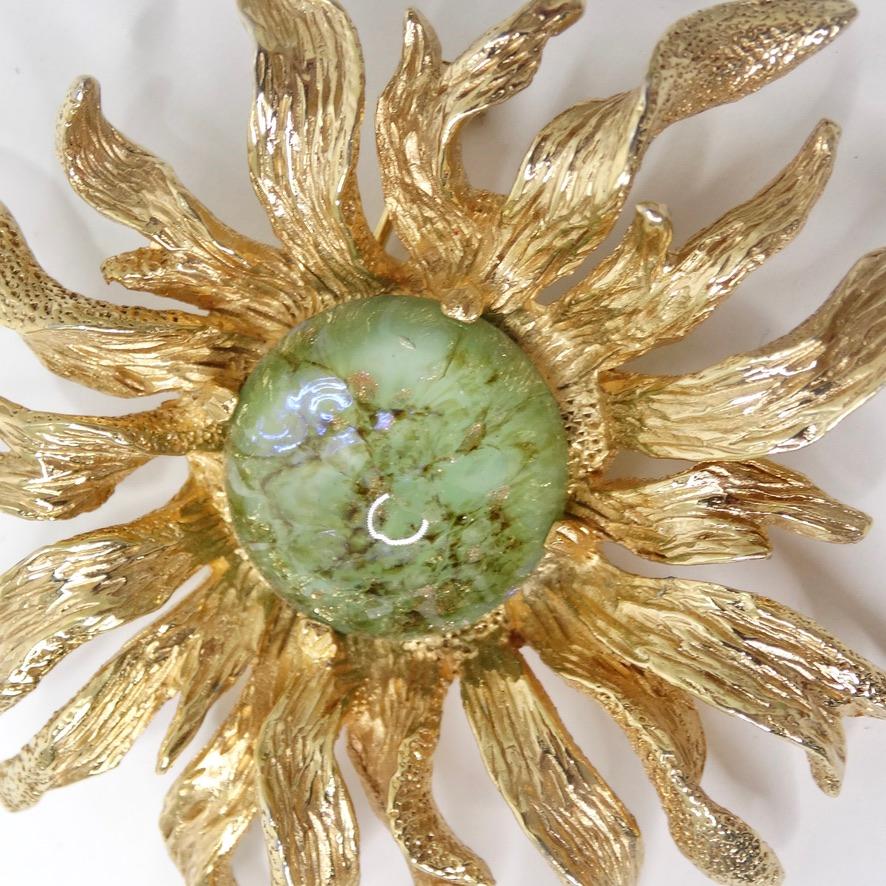 Vintage Boucher gold sun flower brooch with the most stunning green art glass center. This brooch is so beautifully designed with so many intricate details! The golden petals have the most gorgeous texture to them that really give this brooch a