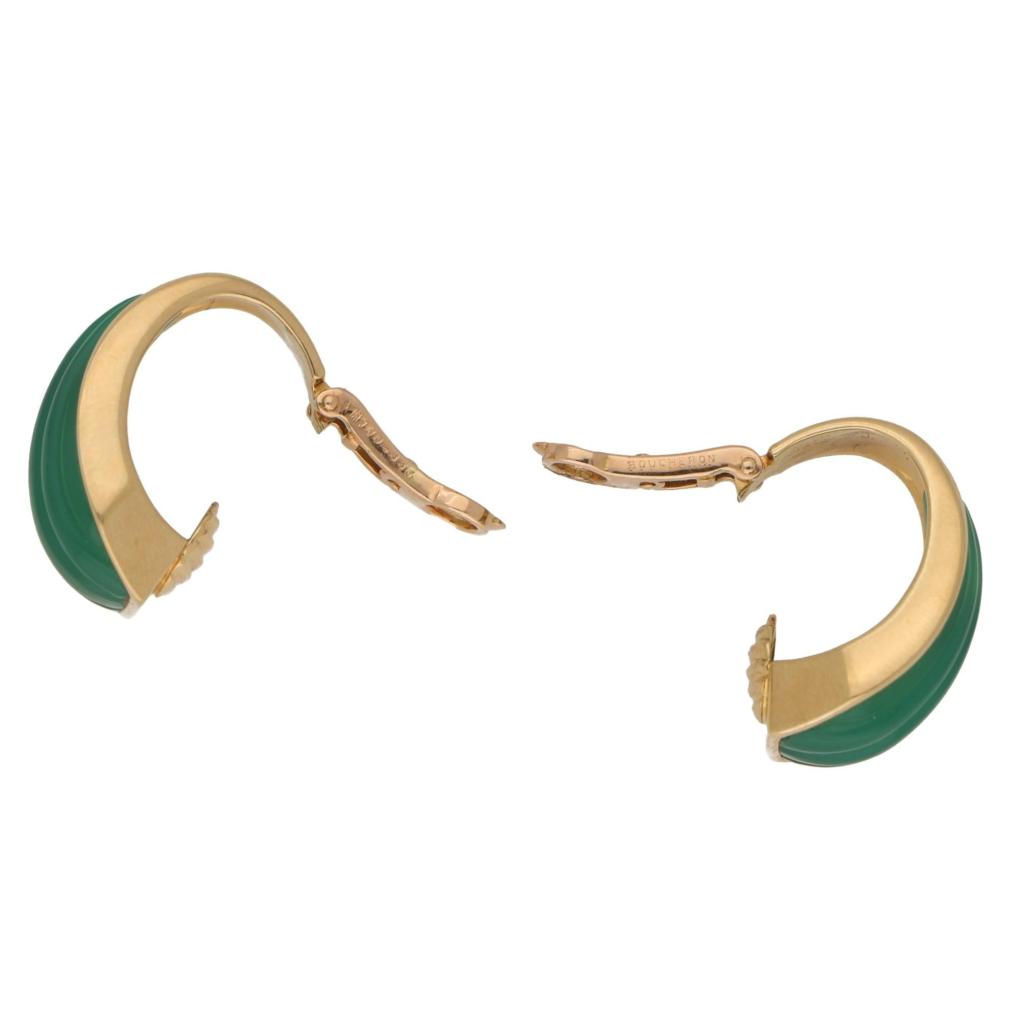 Women's or Men's Rare Boucheron Green Chrysoprase Clip-On Half Hoop Earrings in 18 Karat Gold