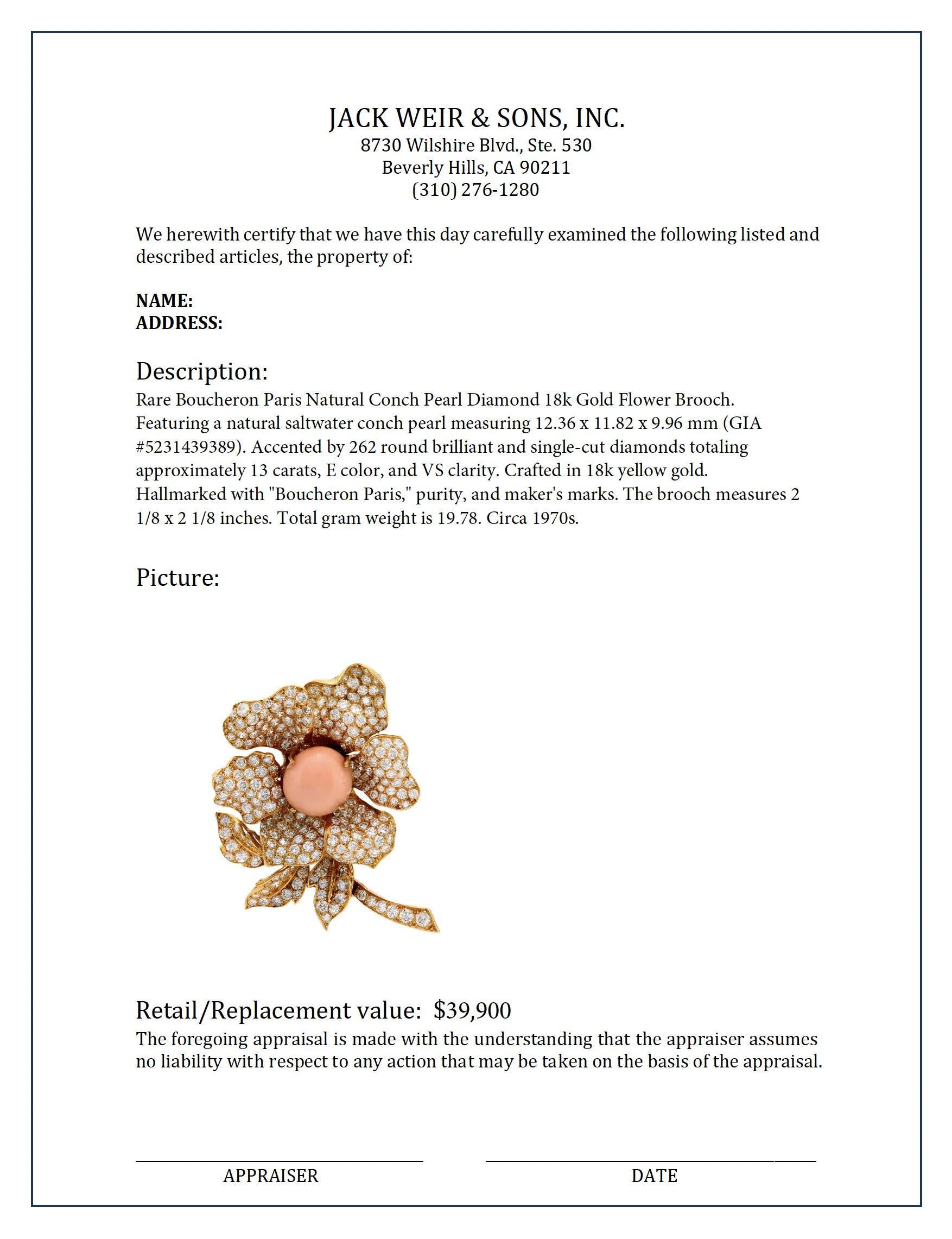 Rare Boucheron Paris natural conch pearl diamond 18k gold flower brooch In Excellent Condition In Beverly Hills, CA