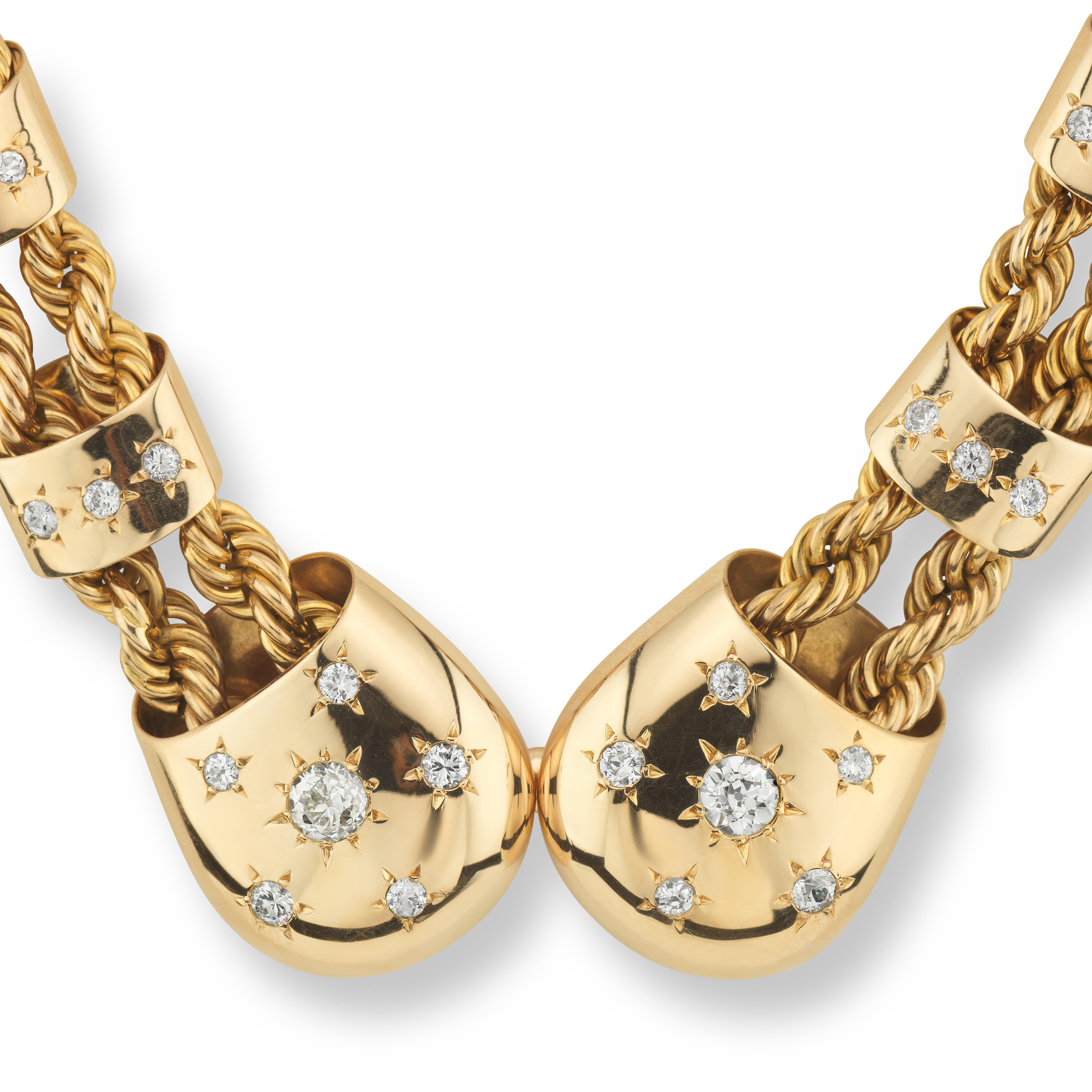 Old European Cut Rare Boucheron Paris Retro 18 Karat Rose Gold Diamond Choker Necklace