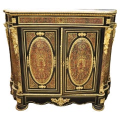Rare Boulle Brass and Marble Top Tall Buffet Commode or Side Cabinet