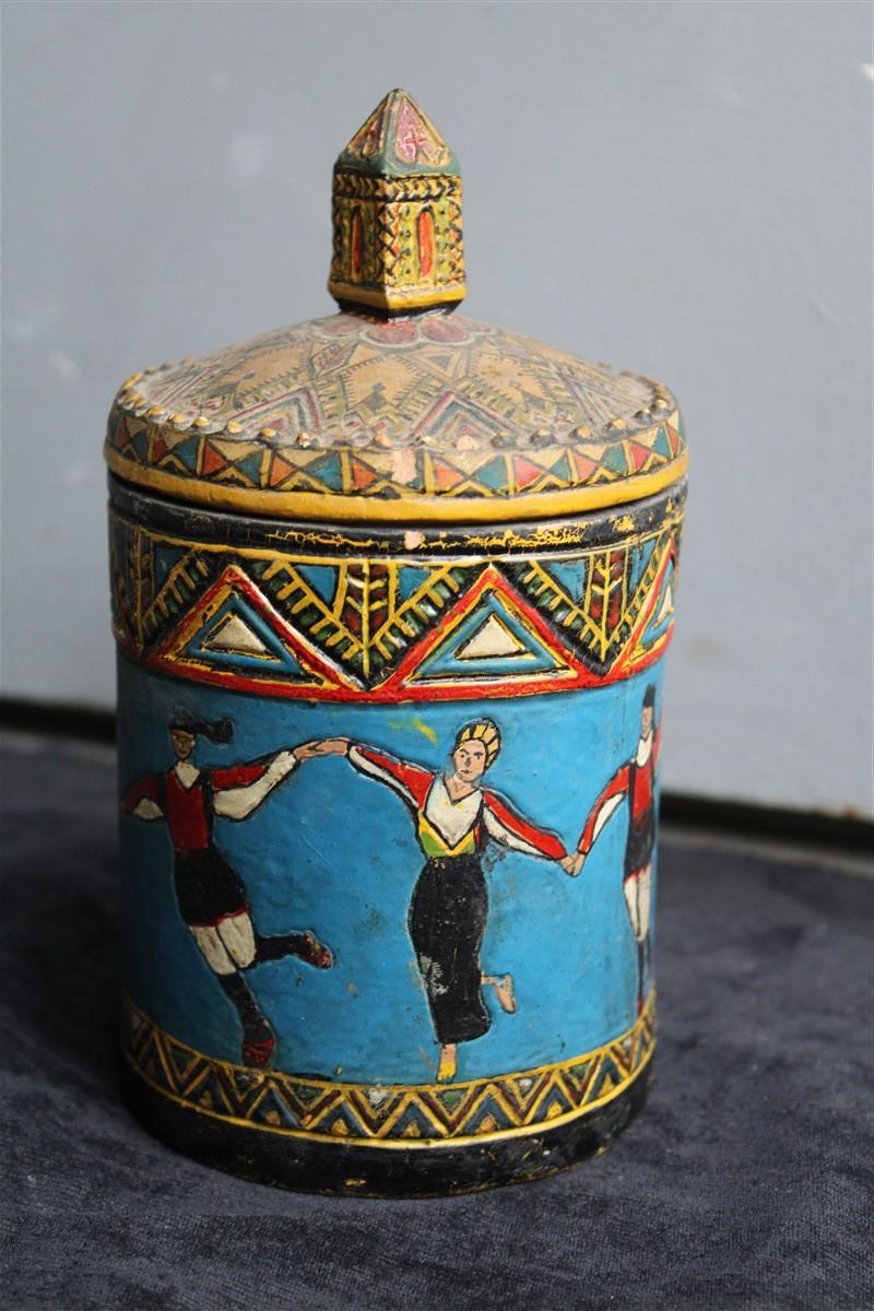Rare Museum box Ceramic Ciriaco Piras Sardinia 1920 Cold painted colored made in Italy, with Sardinian dancers.