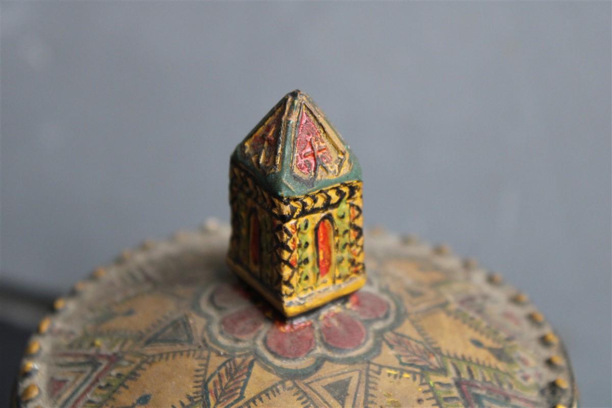 Italian Rare Box Ceramic Ciriaco Piras Sardinia 1920 Cold Painted Colored Fancello For Sale