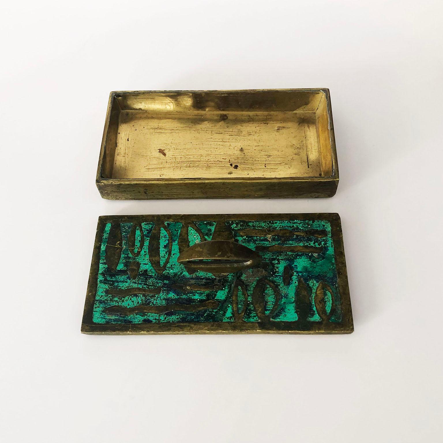 Circa 1950 we offer this rare box made in solid brass and Malachite designed by Pepe Mendoza in Mexico.

Designer, Pepe Mendoza ran a foundry in Mexico that produced a limited number of furniture pieces and decorative objects in the late 1950s and