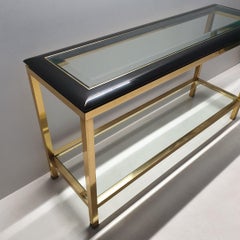 Rare Brass 2-Tiers Console Table with a Black Lucite and Glass Top, 1970s