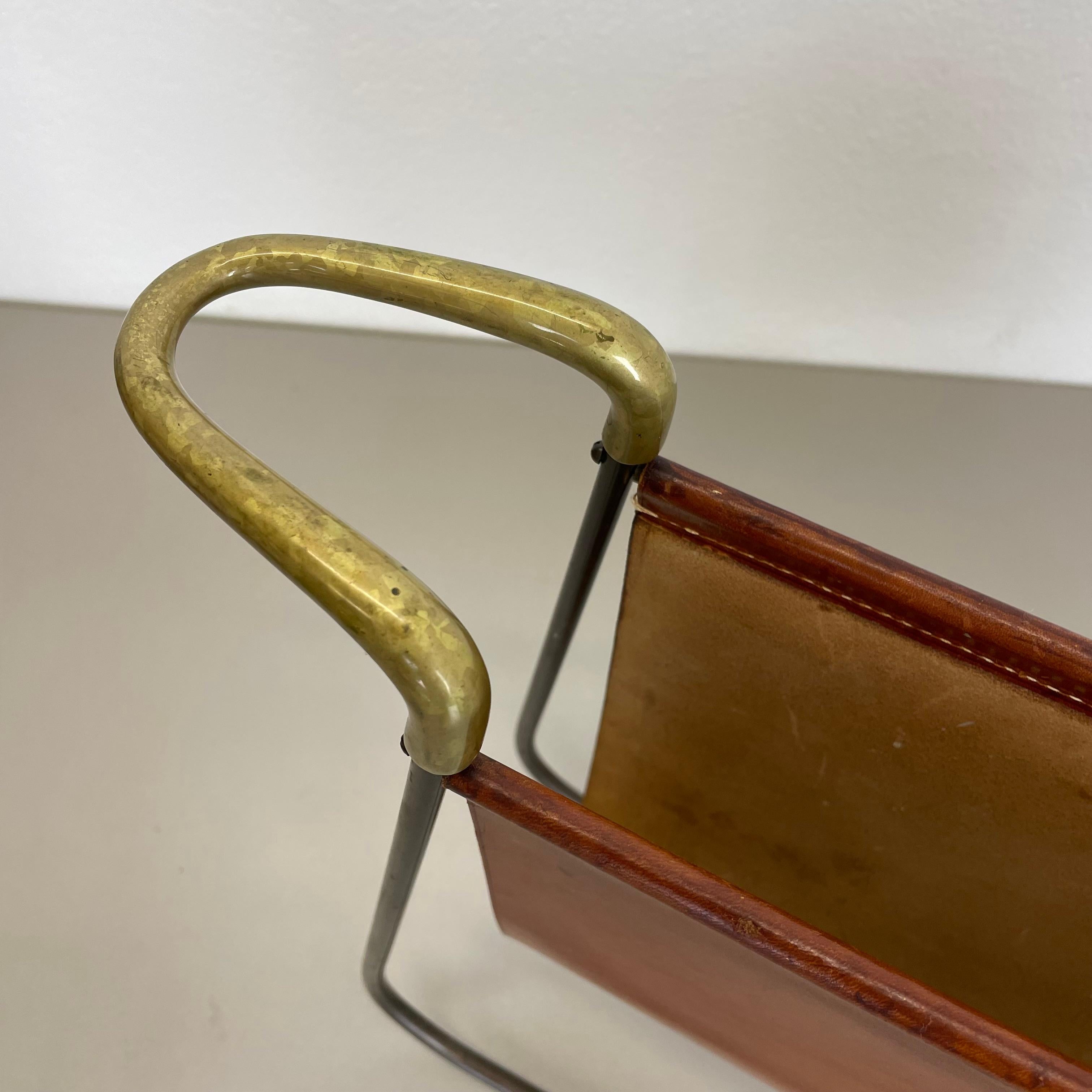 rare Brass and Brown Leather Magazine Holder Model by Carl Auböck, Austria 1950s For Sale 4