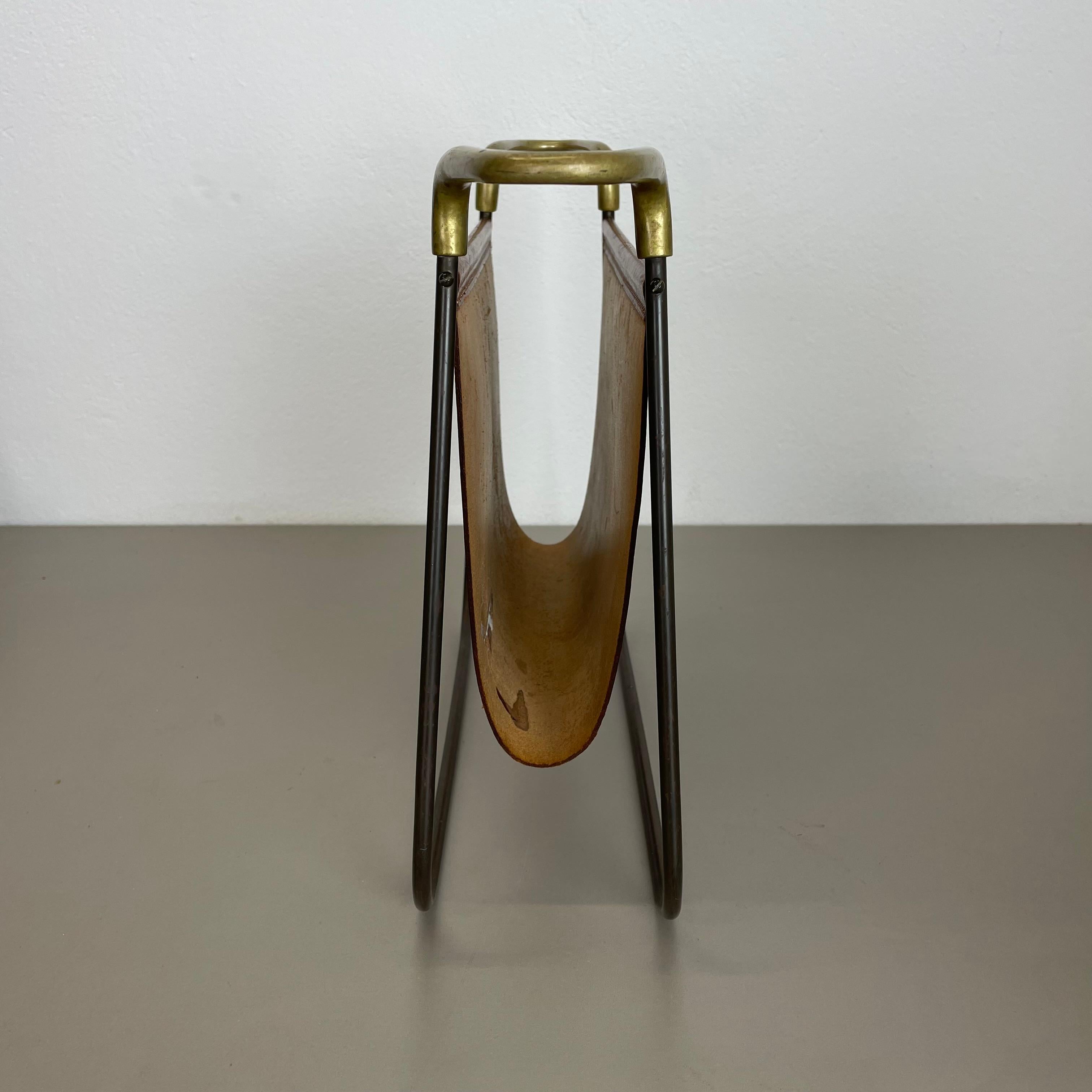 rare Brass and Brown Leather Magazine Holder Model by Carl Auböck, Austria 1950s For Sale 6