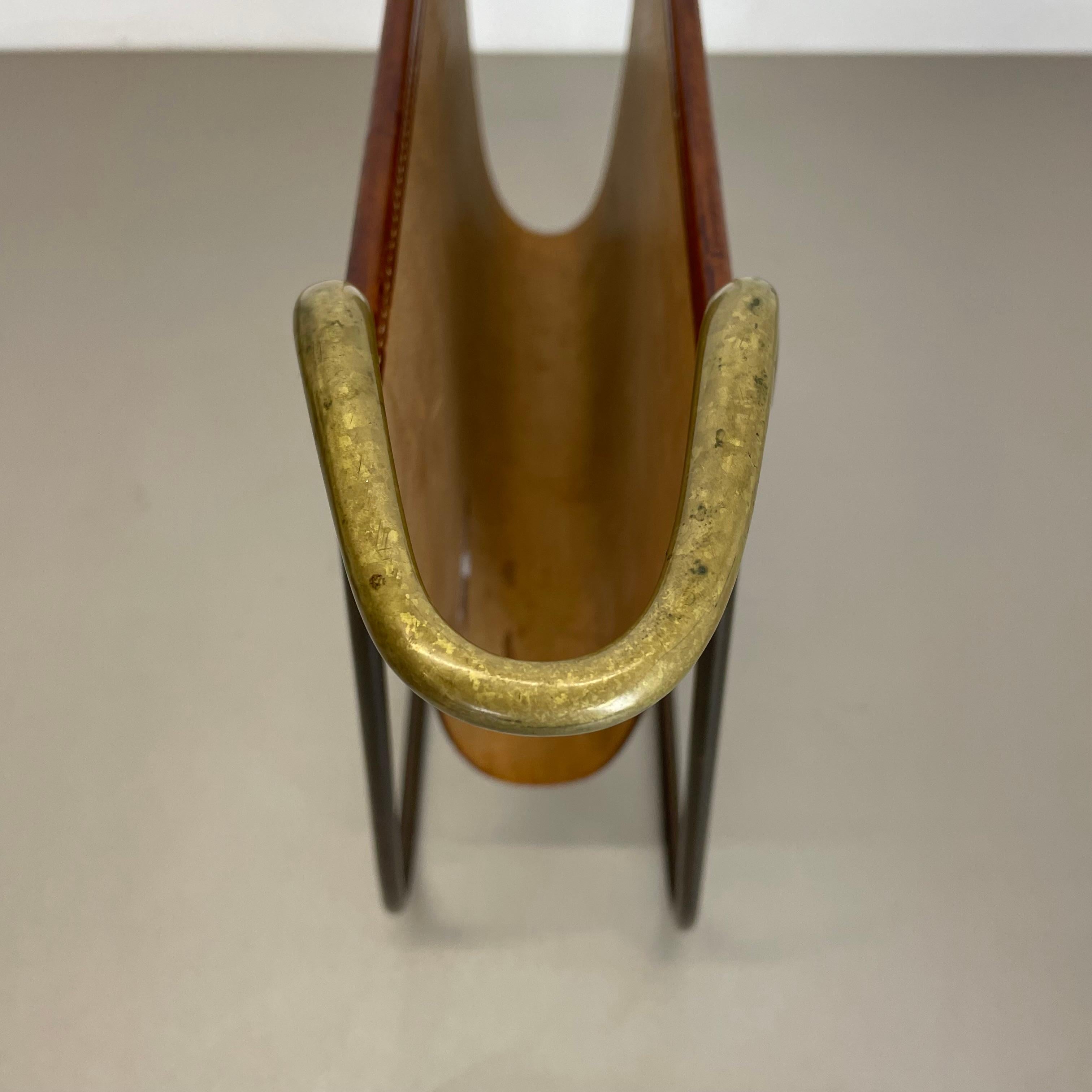 rare Brass and Brown Leather Magazine Holder Model by Carl Auböck, Austria 1950s For Sale 7