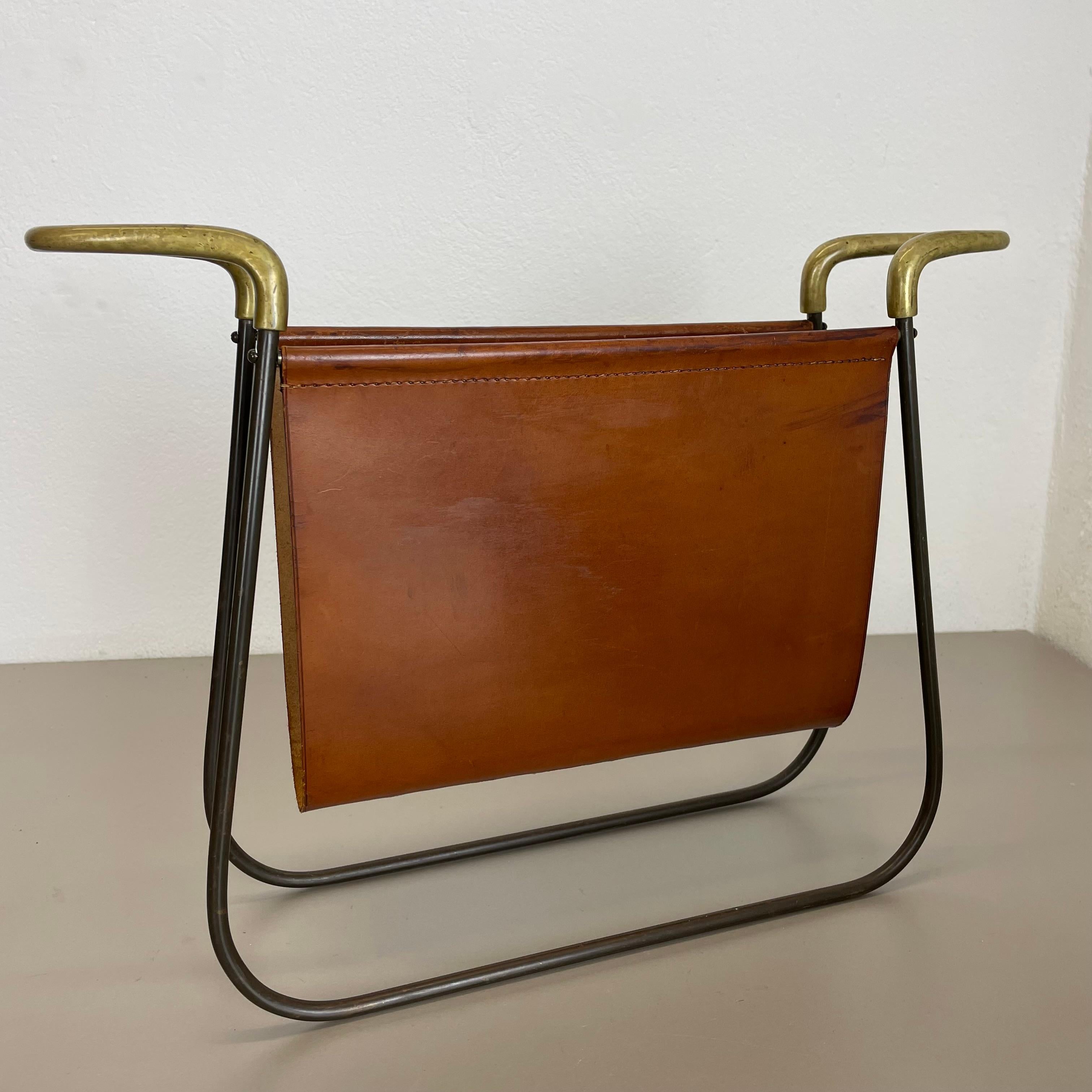 rare Brass and Brown Leather Magazine Holder Model by Carl Auböck, Austria 1950s For Sale 10