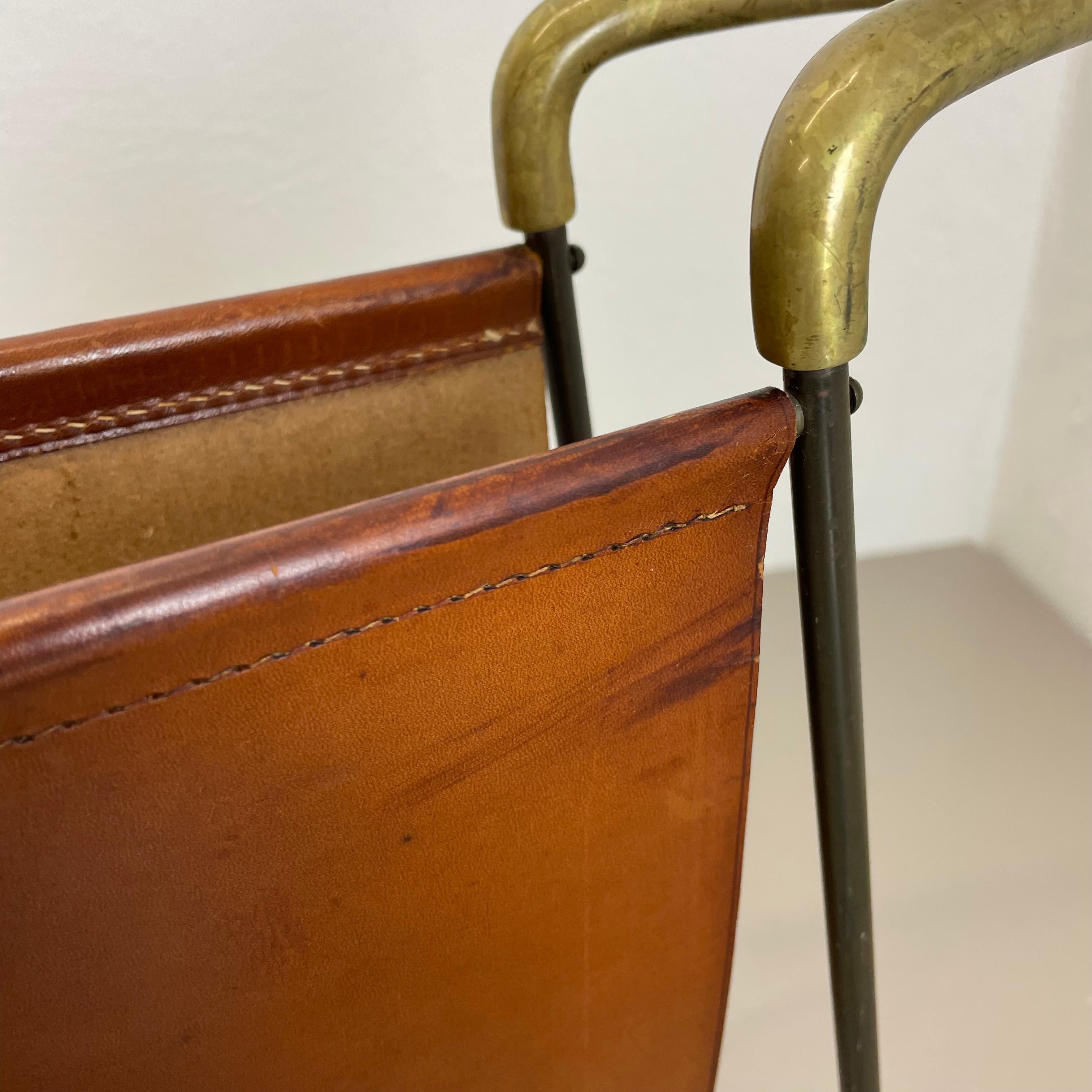 rare Brass and Brown Leather Magazine Holder Model by Carl Auböck, Austria 1950s For Sale 11