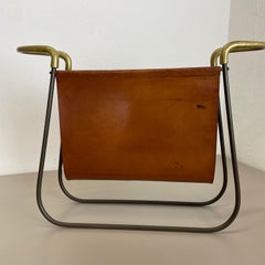 rare Brass and Brown Leather Magazine Holder Model by Carl Auböck, Austria 1950s