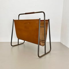 rare Brass and Brown Leather Magazine Holder Model by Carl Auböck, Austria 1950s