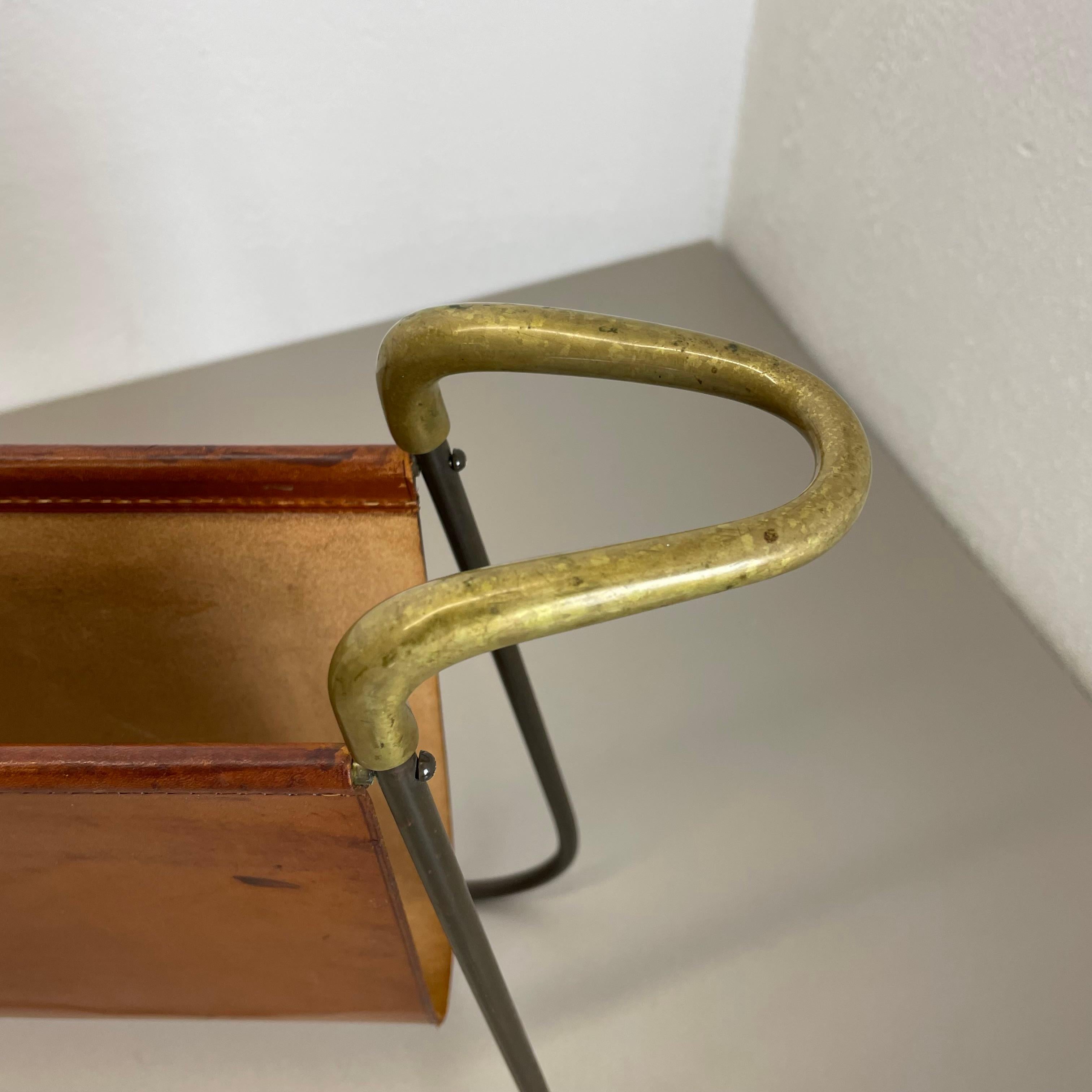 rare Brass and Brown Leather Magazine Holder Model by Carl Auböck, Austria 1950s For Sale 1