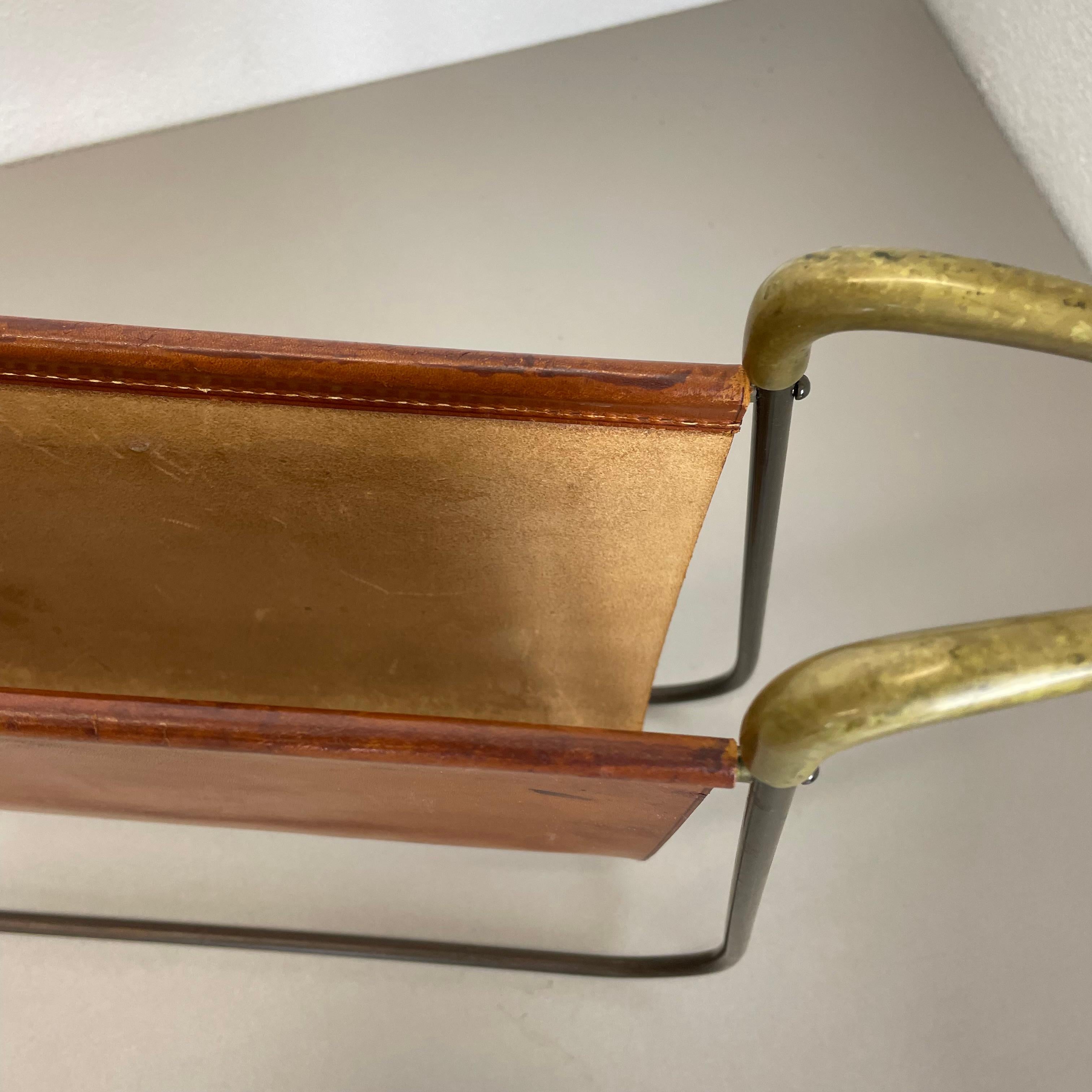 rare Brass and Brown Leather Magazine Holder Model by Carl Auböck, Austria 1950s For Sale 2