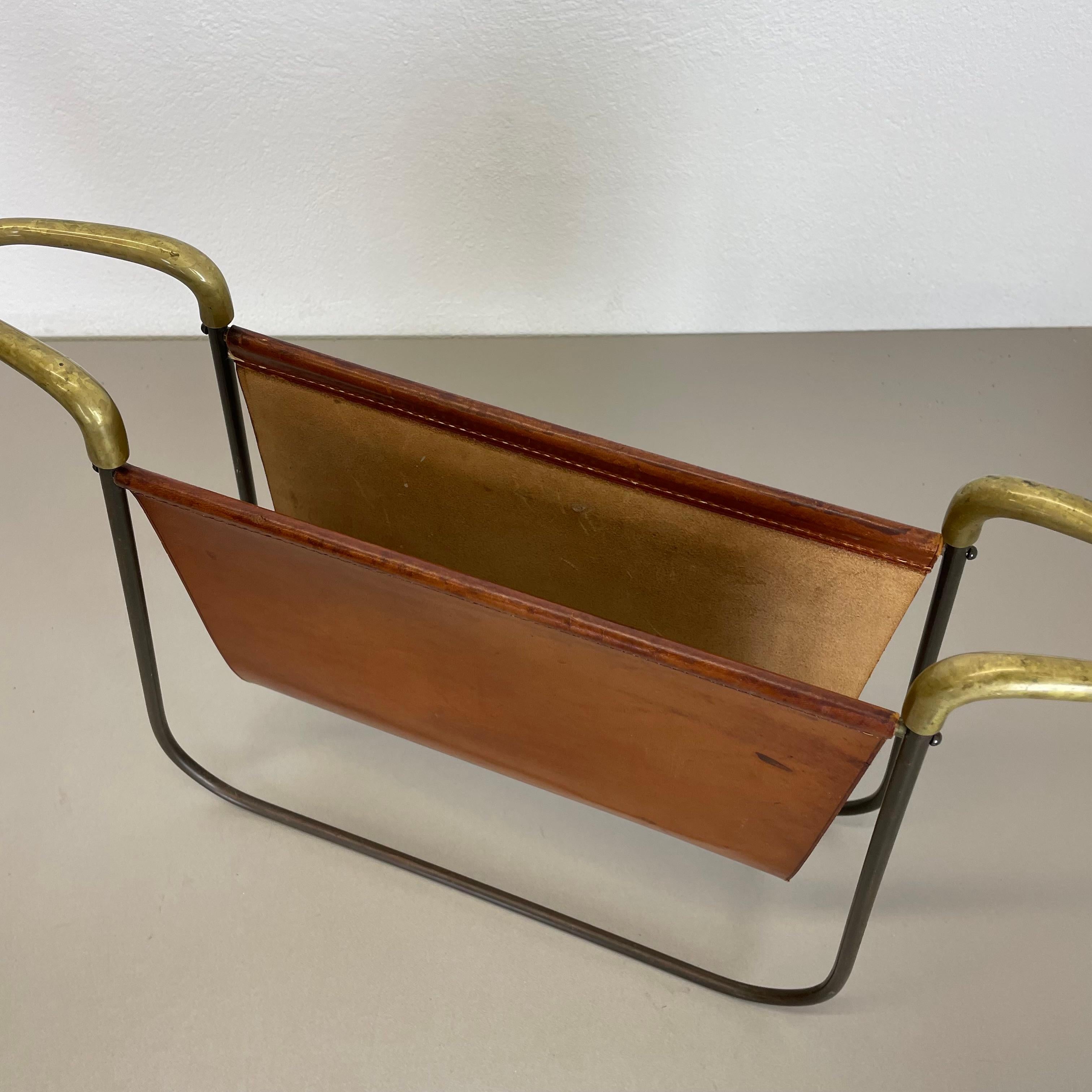 rare Brass and Brown Leather Magazine Holder Model by Carl Auböck, Austria 1950s For Sale 3