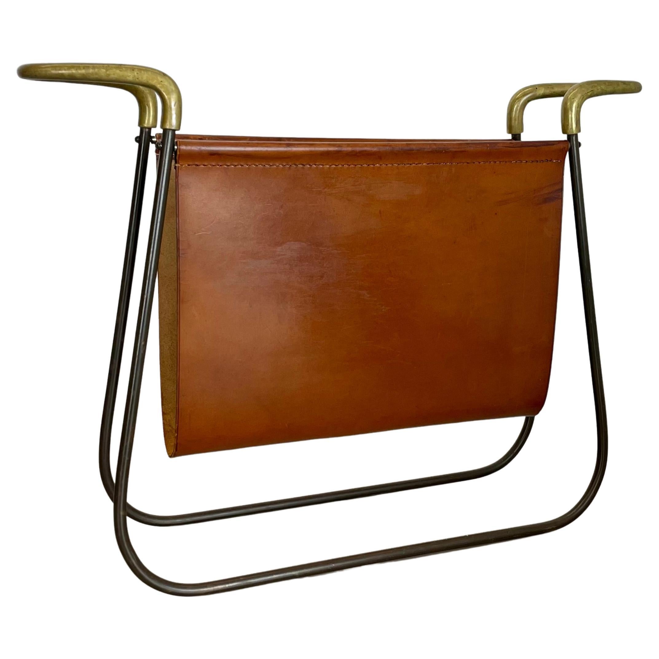 rare Brass and Brown Leather Magazine Holder Model by Carl Auböck, Austria 1950s