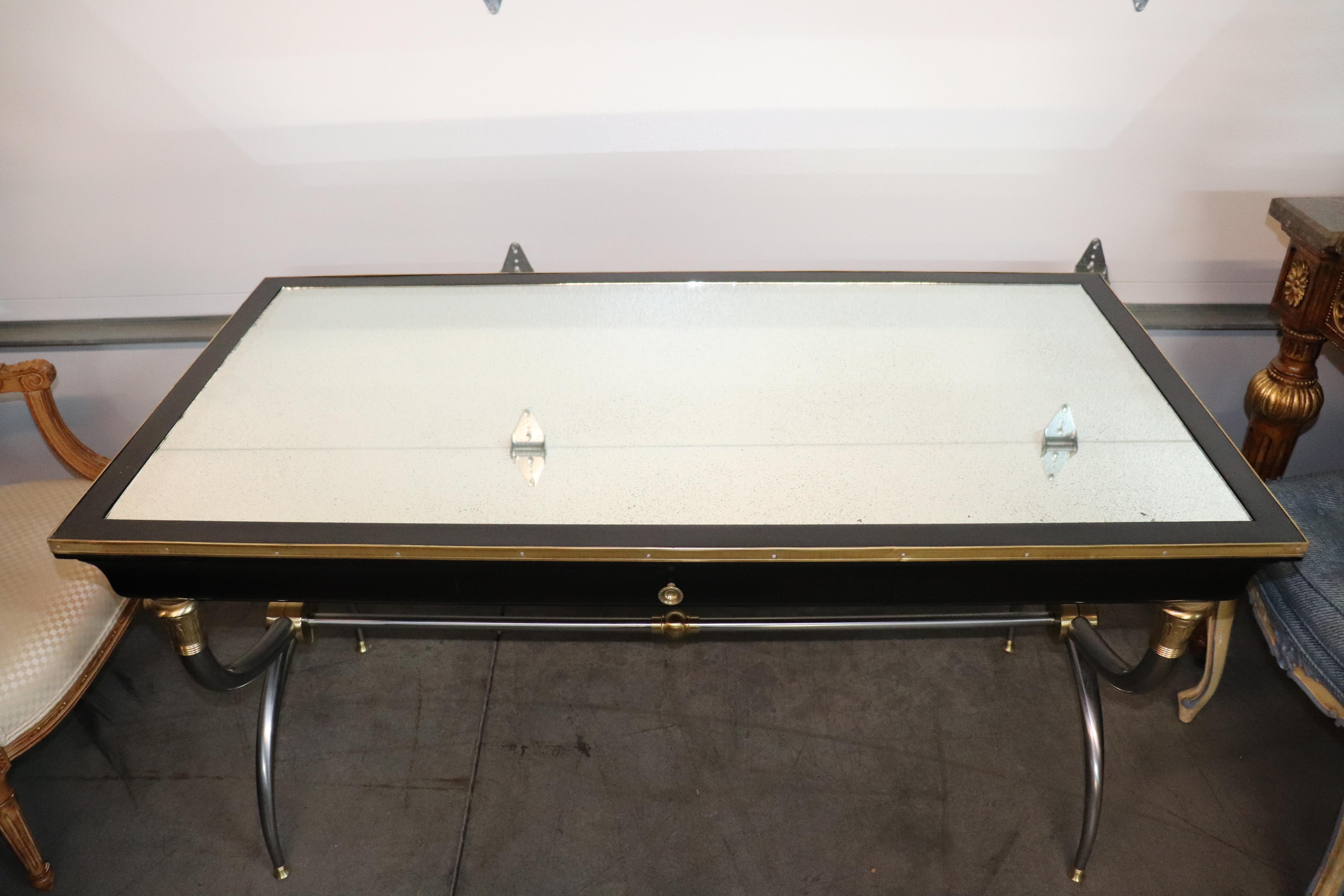 Rare Brass and Steel Aged Mirrored Top John Vesey Style Ebonzed Writing Desk For Sale 4