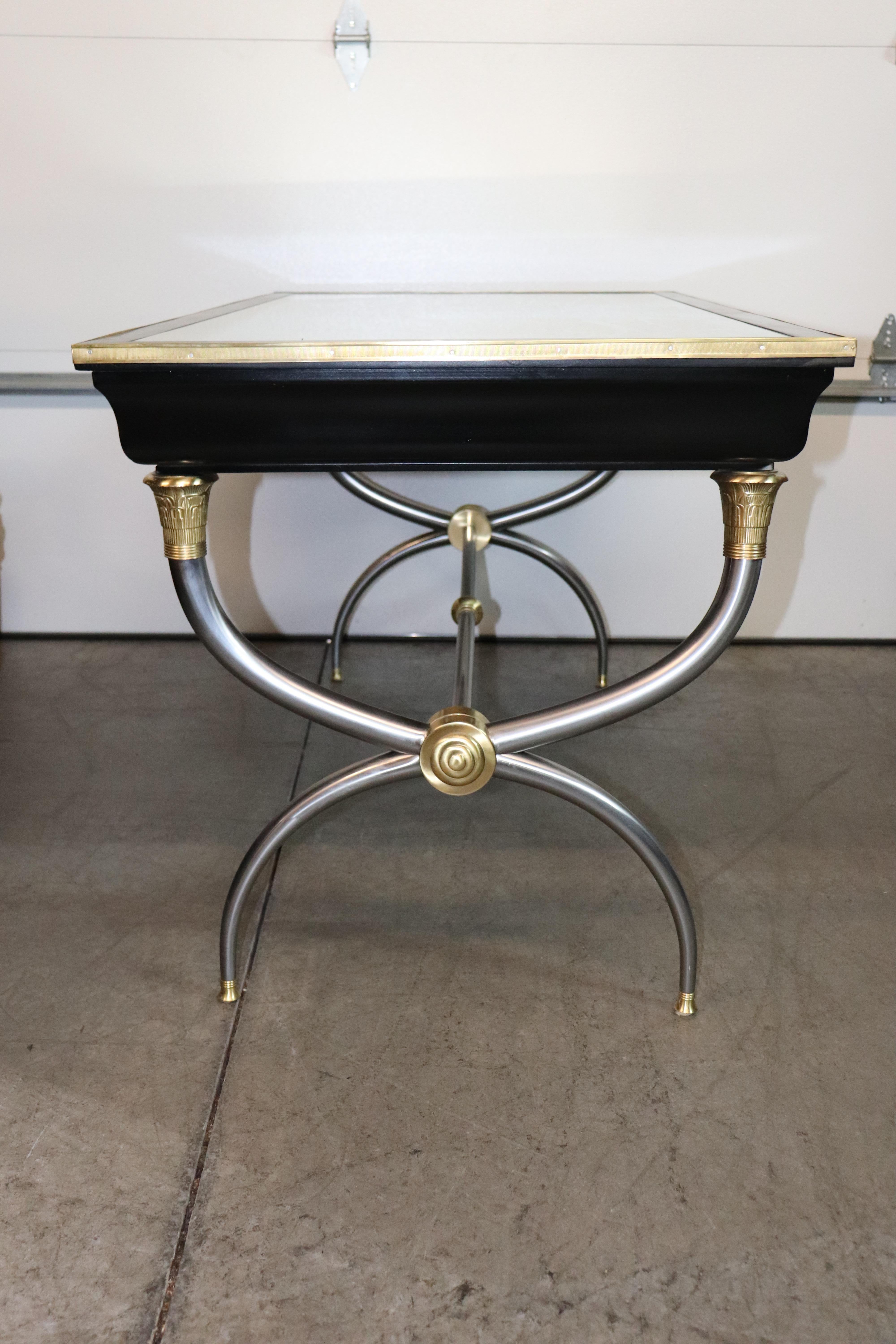 Directoire Rare Brass and Steel Aged Mirrored Top John Vesey Style Ebonzed Writing Desk For Sale